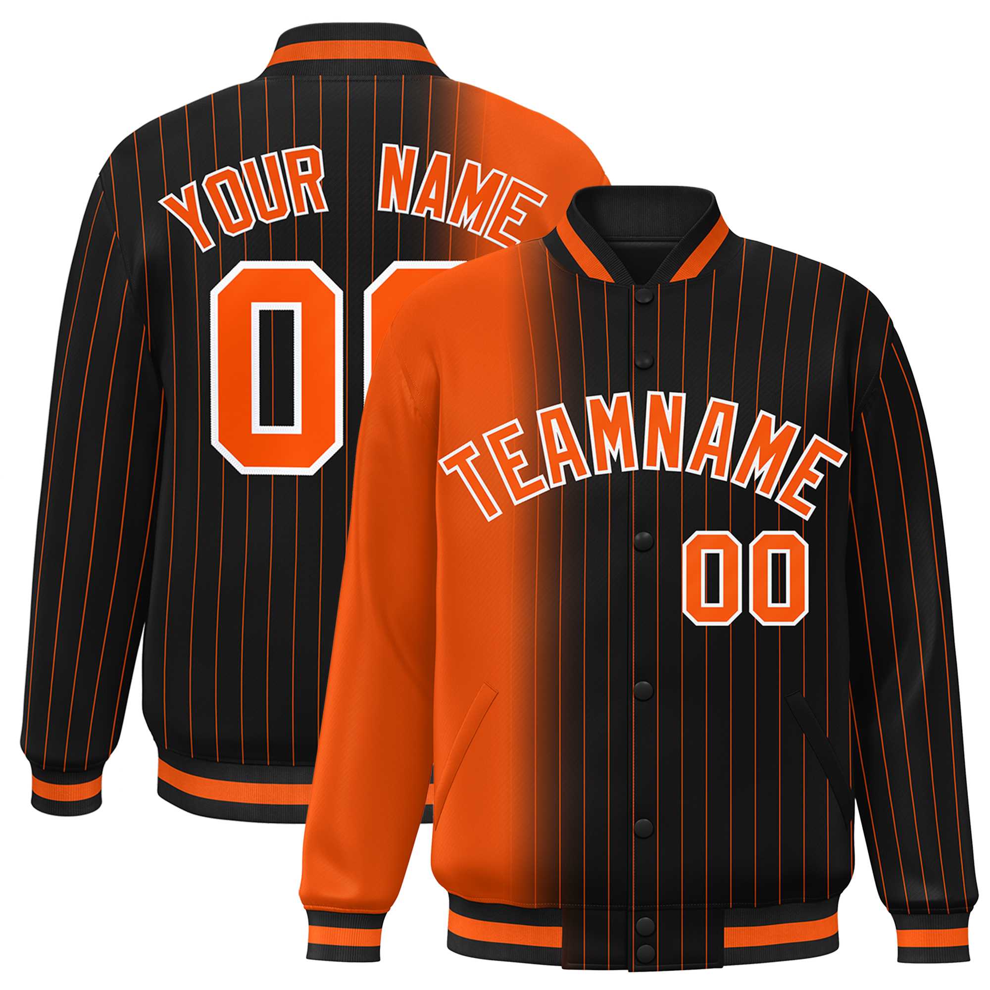 Custom Black Orange Gradient Varsity Full-Snap Pinstripe Letterman Baseball Jacket