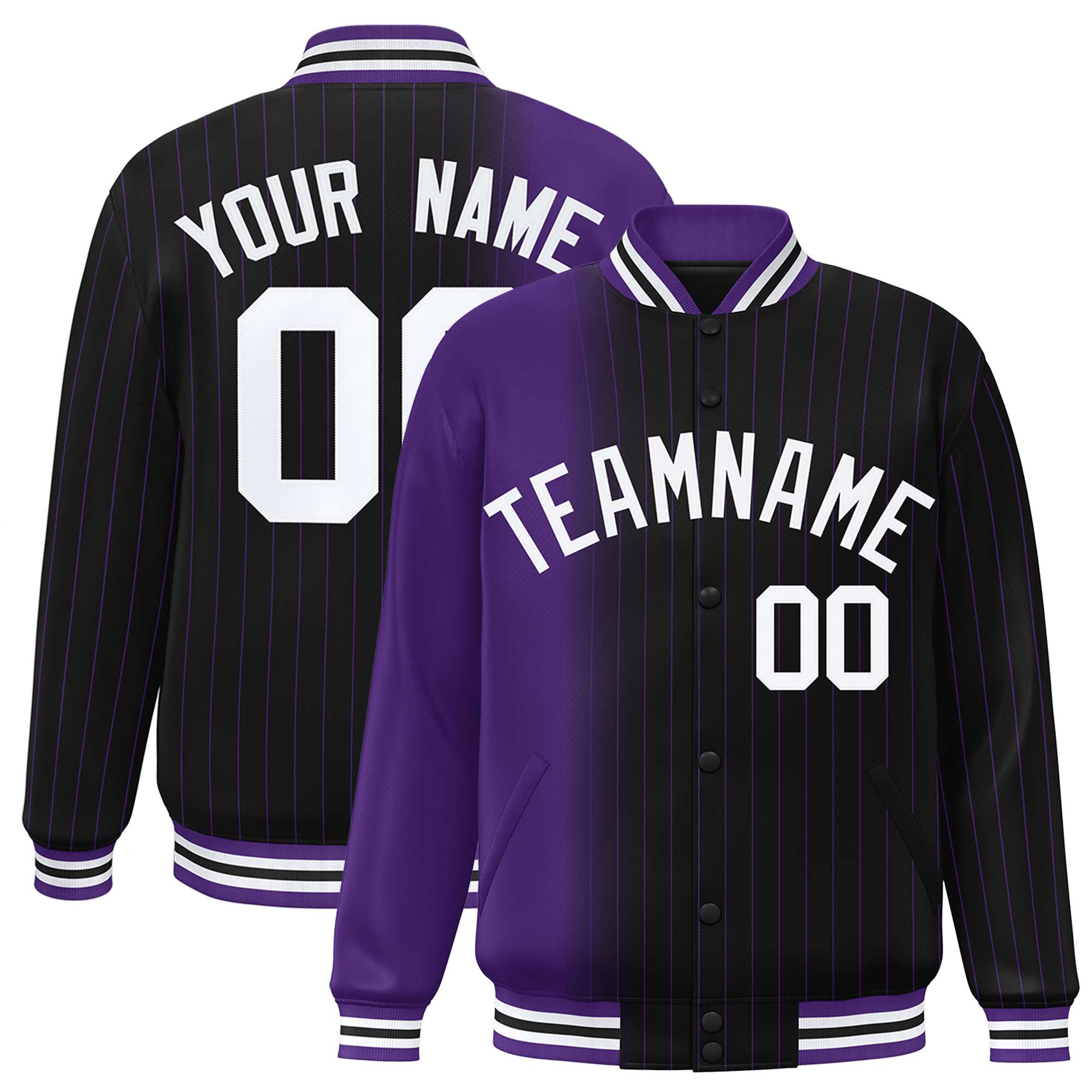 Custom Black Purple Gradient Varsity Full-Snap Pinstripe Letterman Baseball Jacket