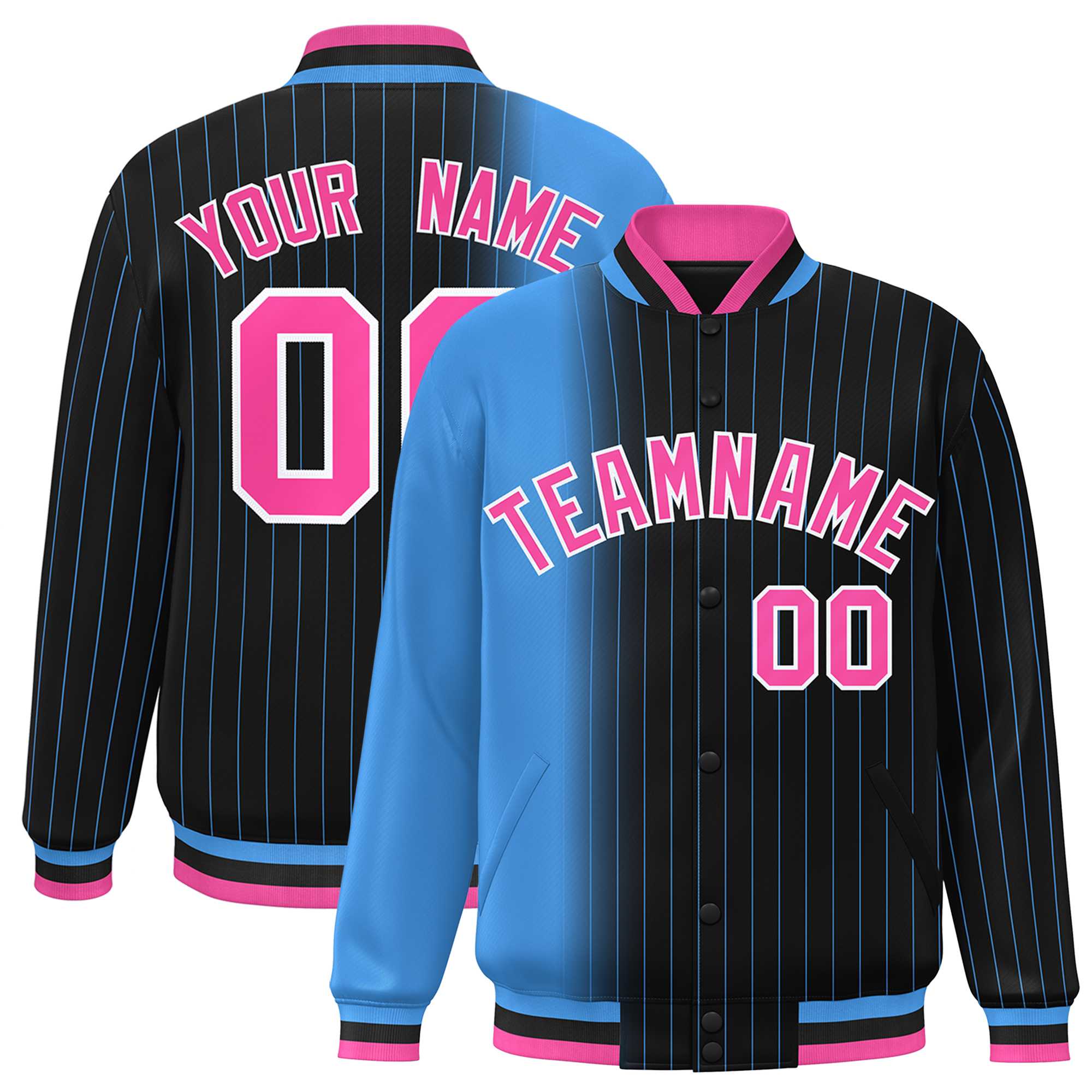 Custom Black Powder Blue Gradient Varsity Full-Snap Pinstripe Letterman Baseball Jacket