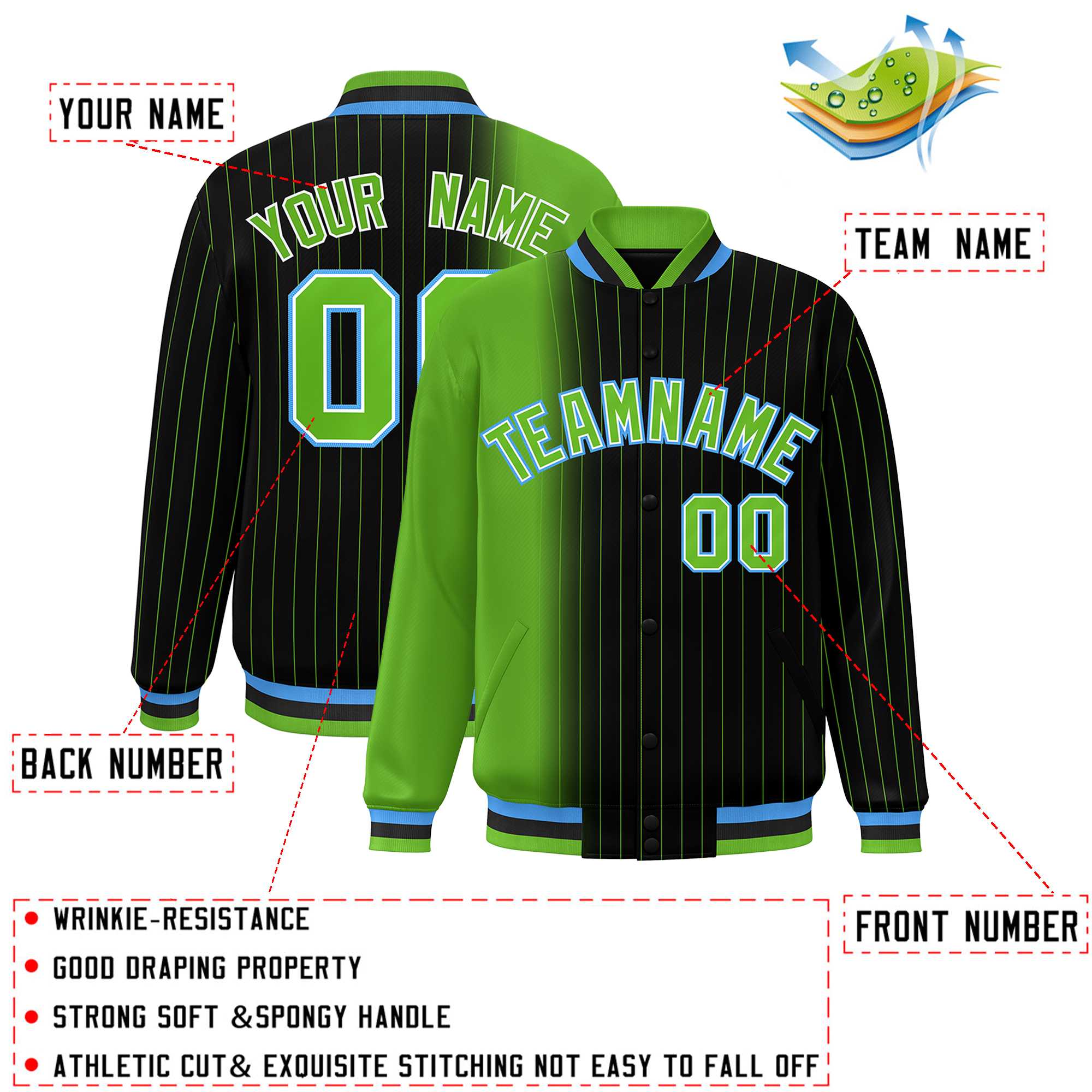 Custom Black Green Gradient Varsity Full-Snap Pinstripe Letterman Baseball Jacket