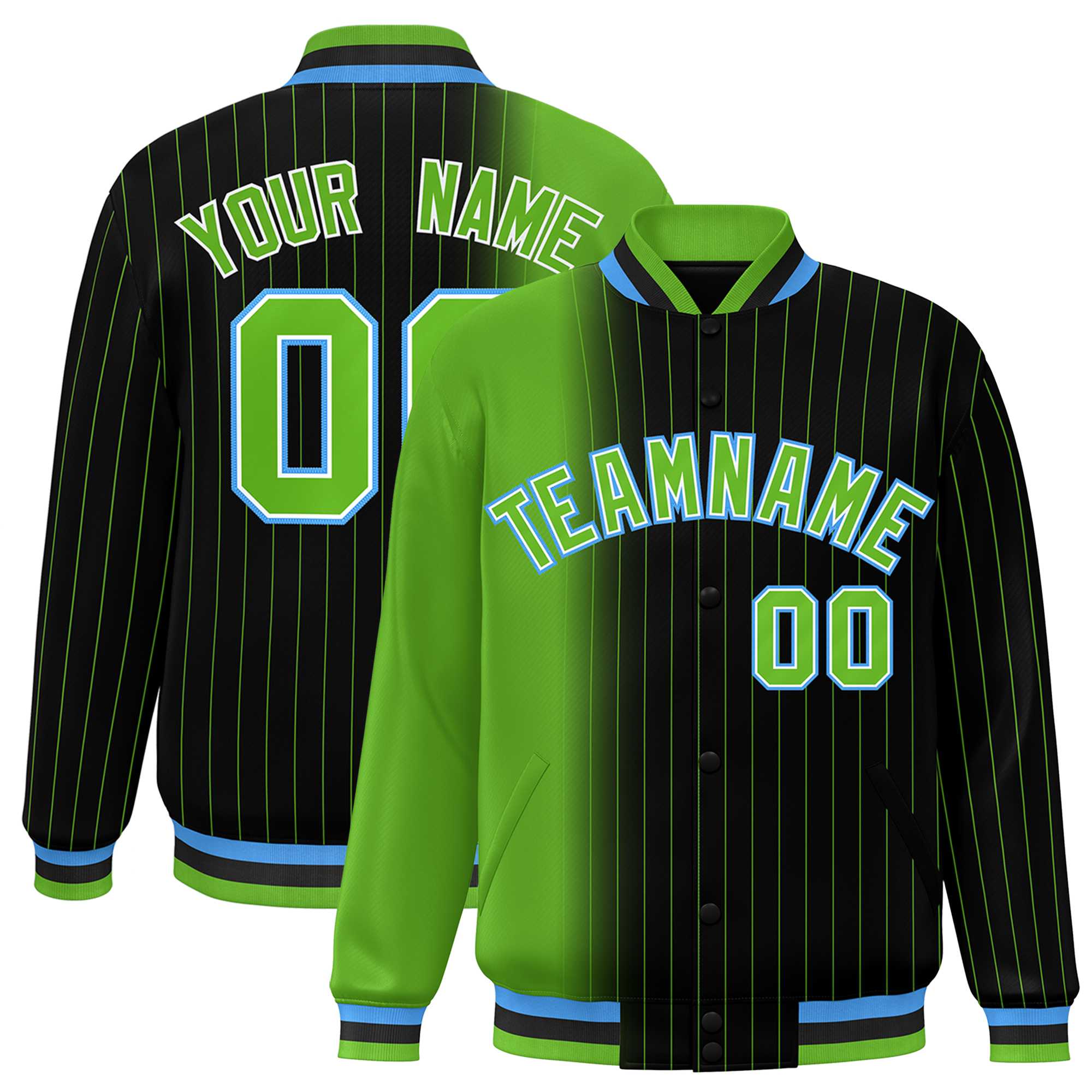 Custom Black Green Gradient Varsity Full-Snap Pinstripe Letterman Baseball Jacket