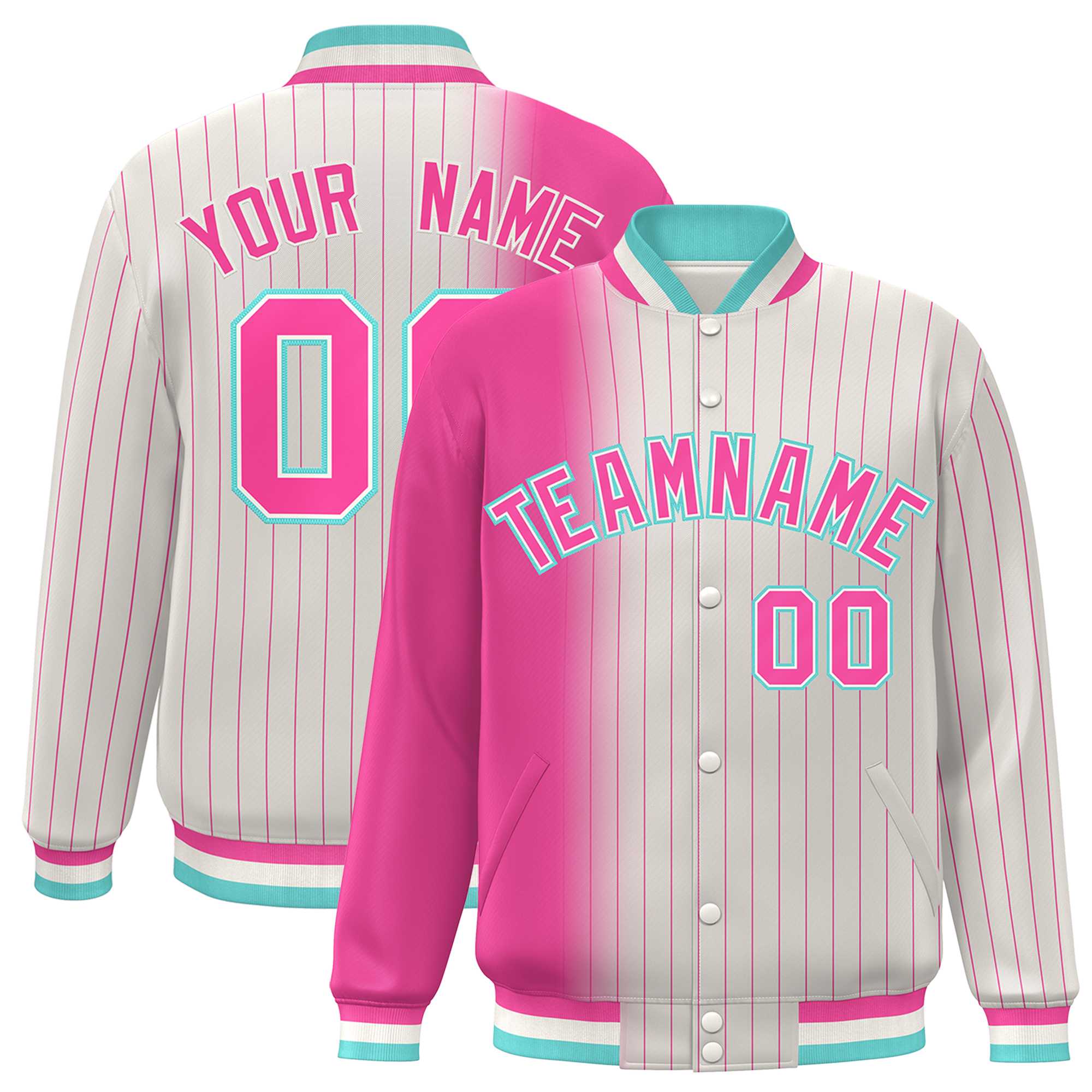 Custom Cream Pink Gradient Varsity Full-Snap Pinstripe Letterman Baseball Jacket