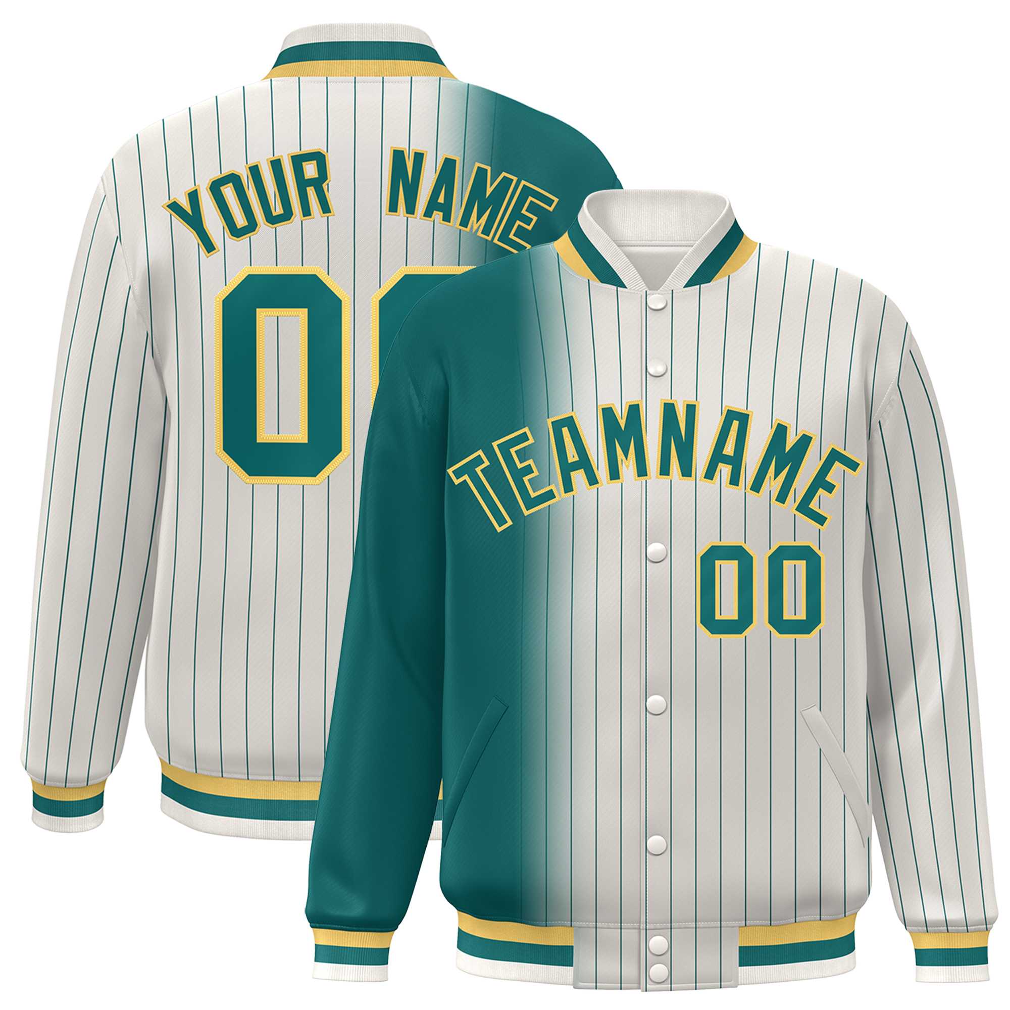 Custom Cream Aqua Gradient Varsity Full-Snap Pinstripe Letterman Baseball Jacket