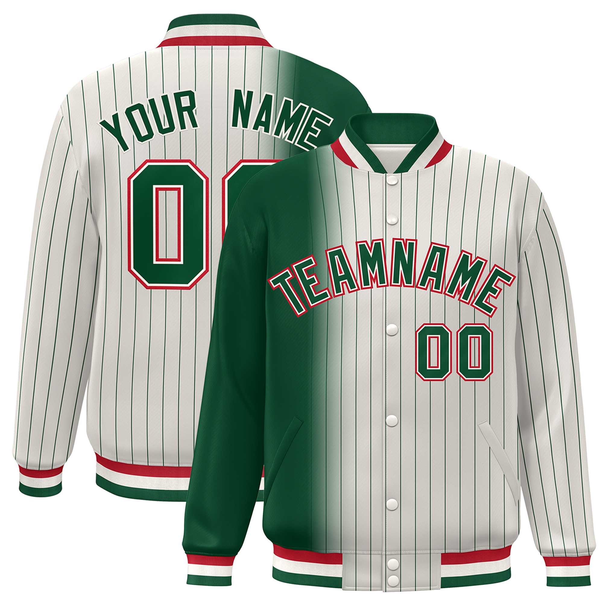 Custom Cream Green Gradient Varsity Full-Snap Pinstripe Letterman Baseball Jacket