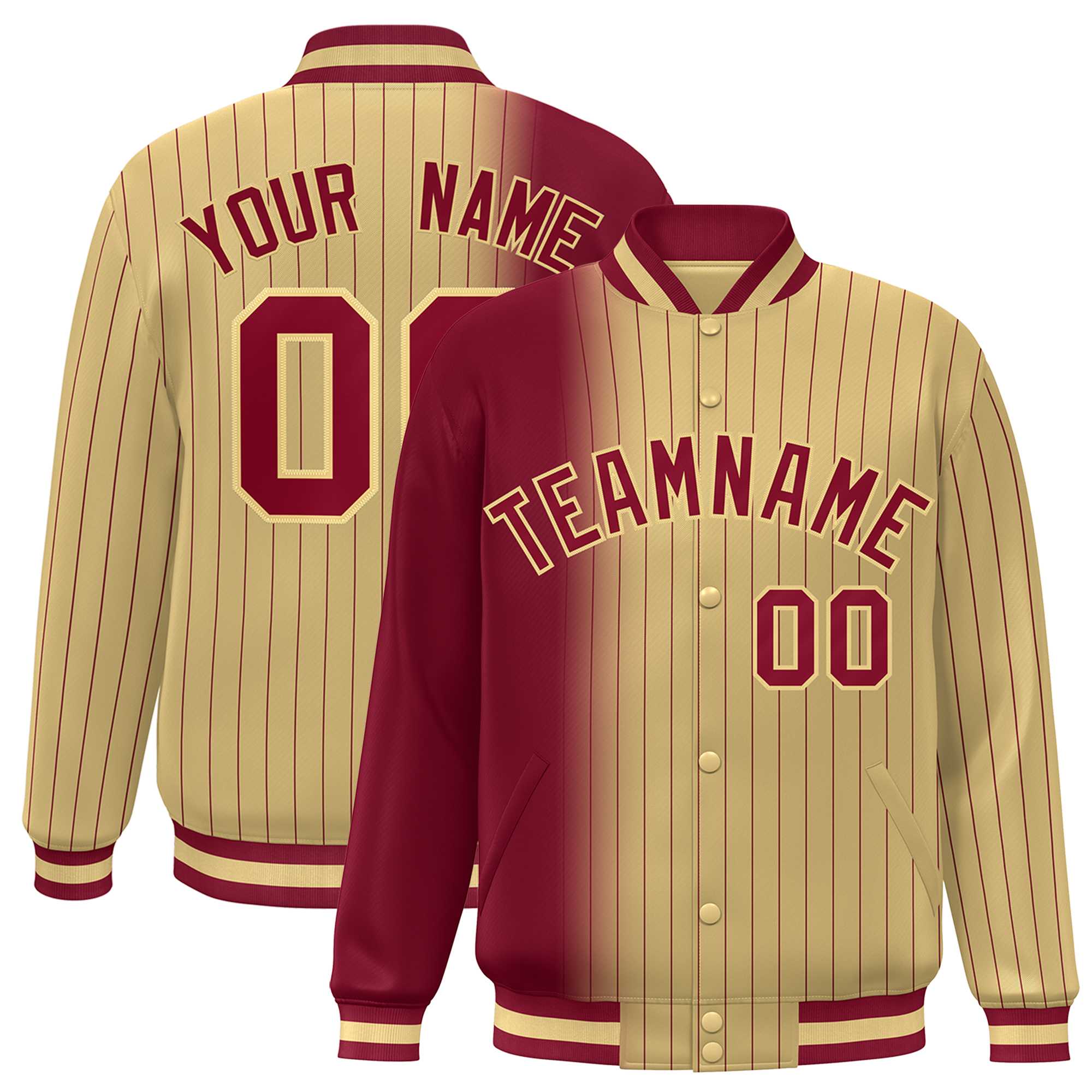 Custom Khaki Crimson Gradient Varsity Full-Snap Pinstripe Letterman Baseball Jacket