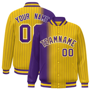 Custom Gold Purple Gradient Varsity Full-Snap Pinstripe Letterman Baseball Jacket