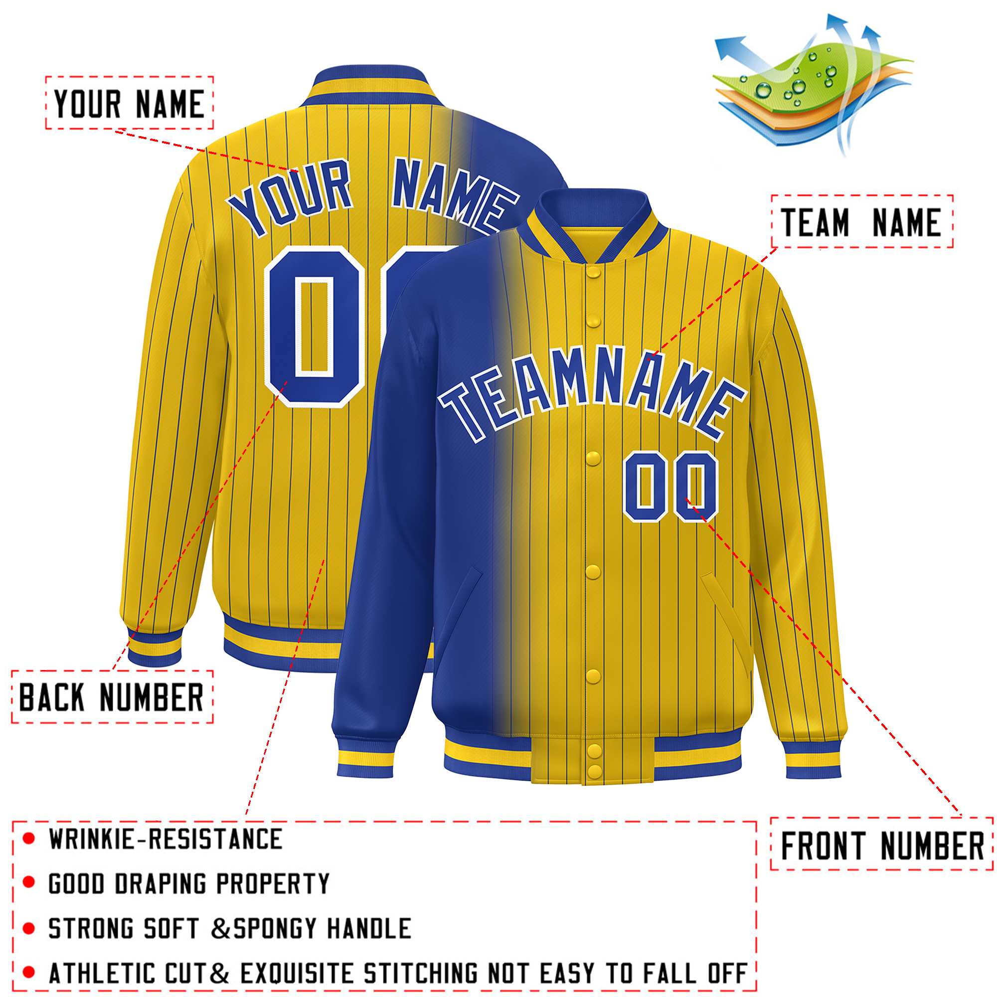 Custom Gold Royal Gradient Varsity Full-Snap Pinstripe Letterman Baseball Jacket