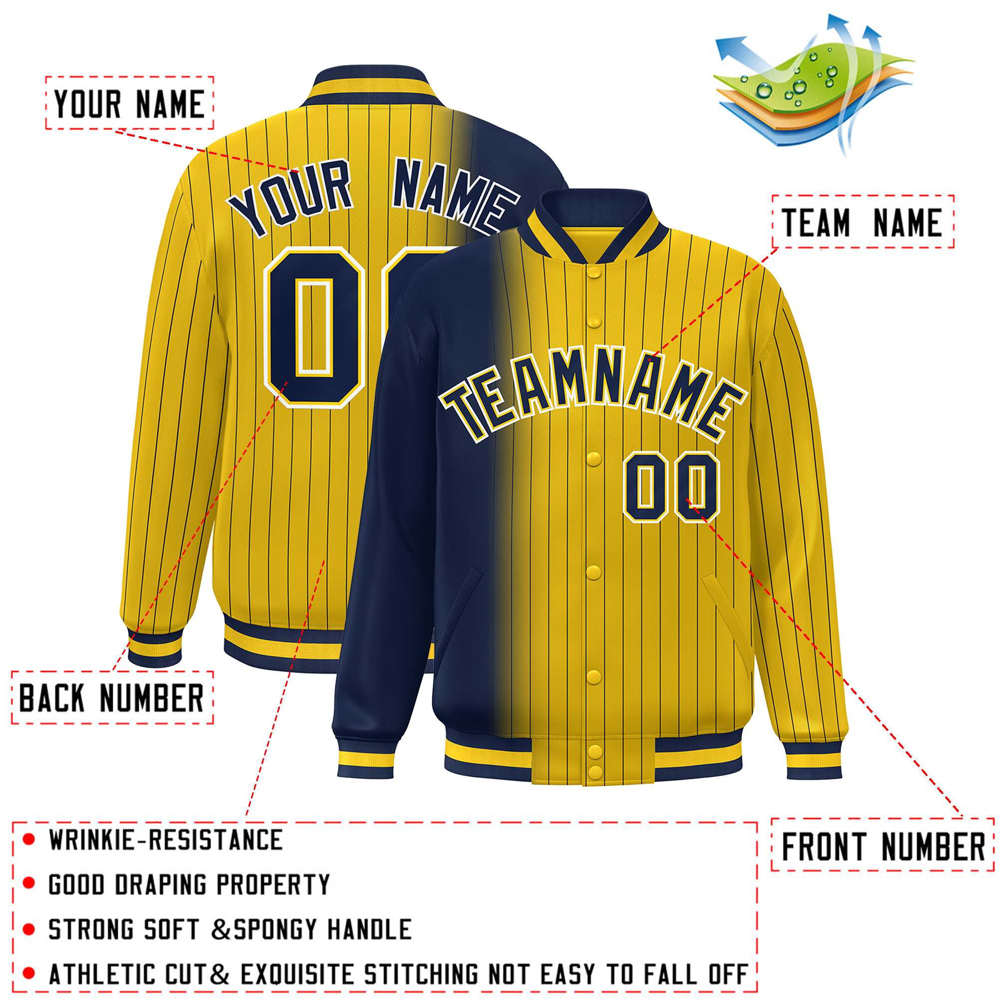 Custom Gold Navy Gradient Varsity Full-Snap Pinstripe Letterman Baseball Jacket