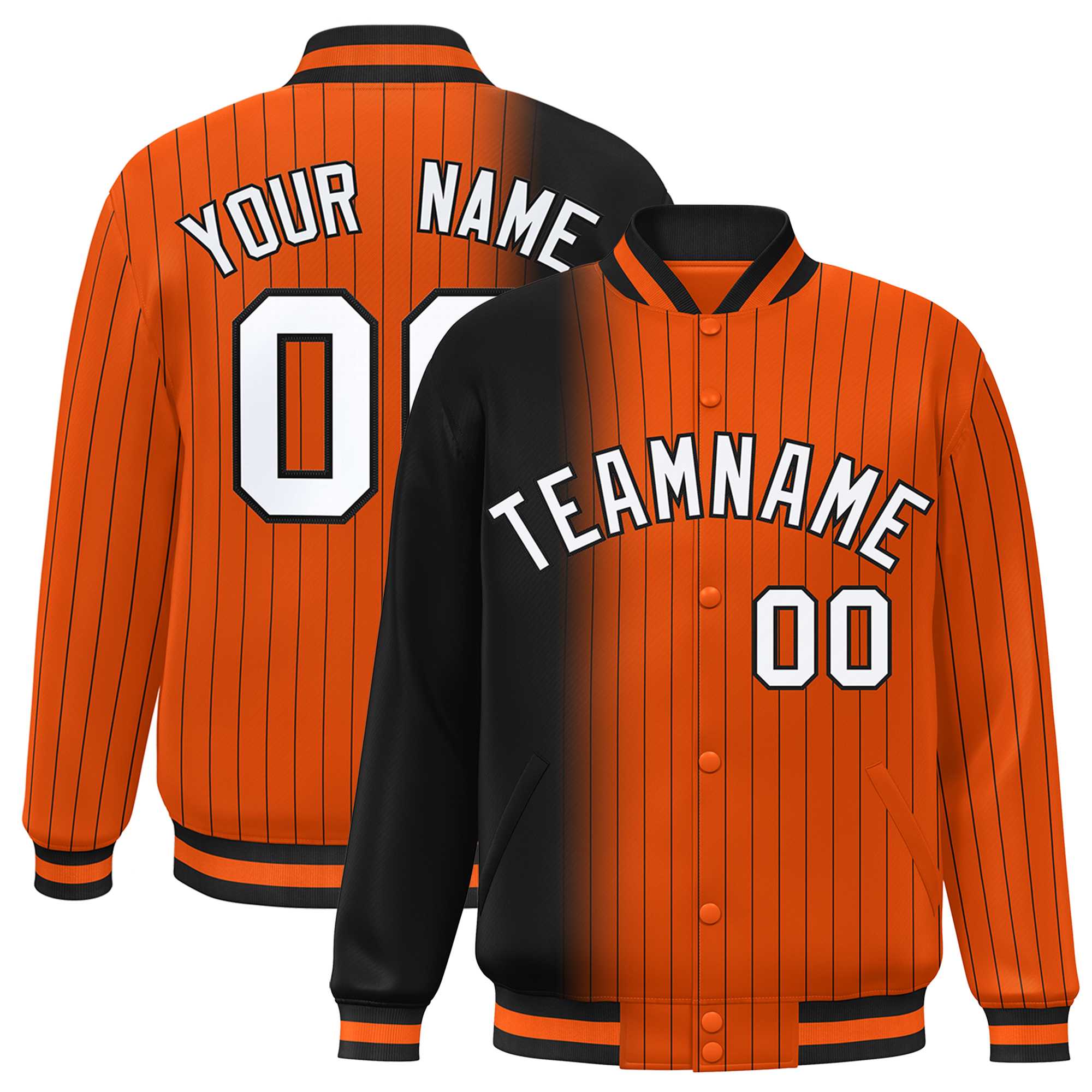 Custom Orange Black Gradient Varsity Full-Snap Pinstripe Letterman Baseball Jacket