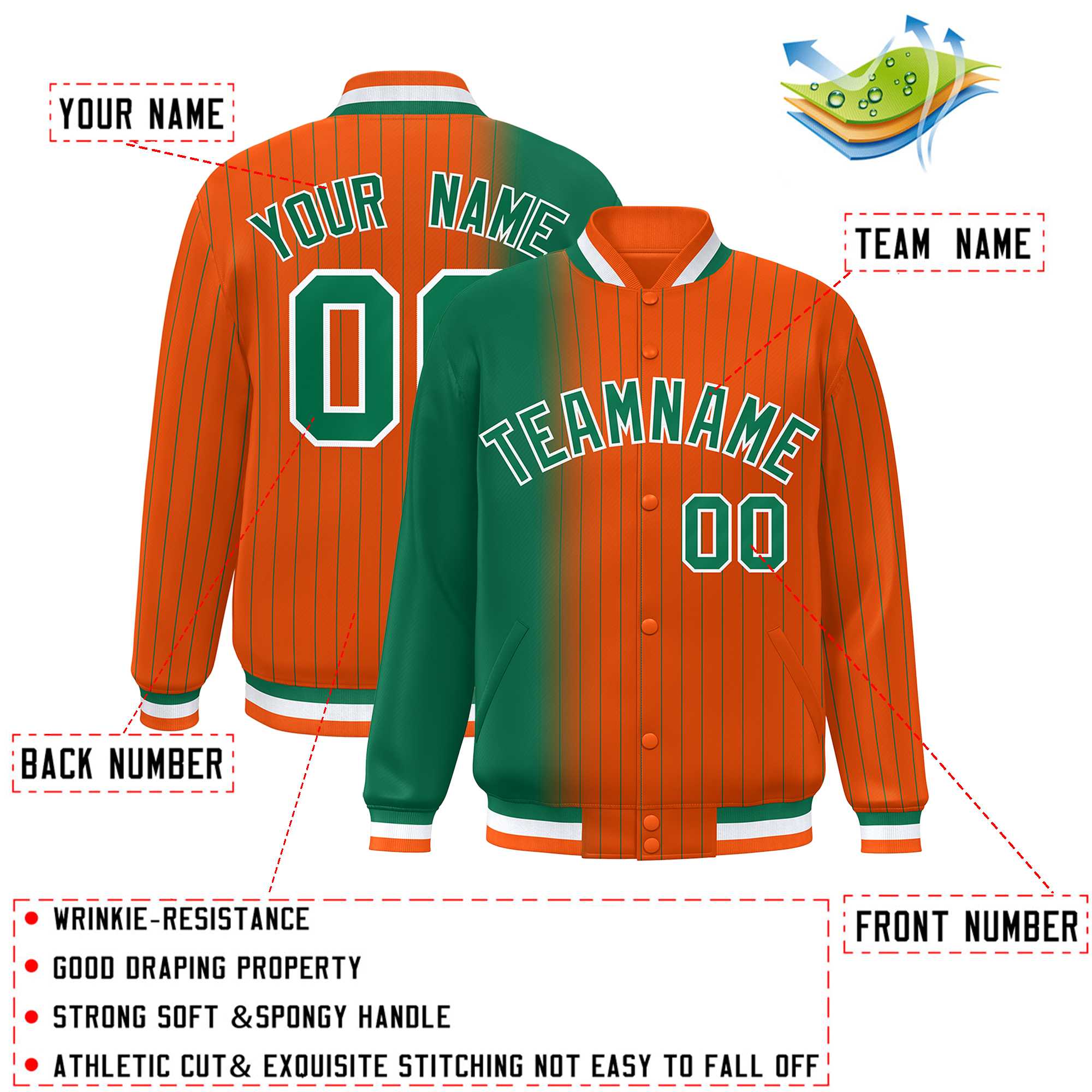 Custom Orange Kelly Green Gradient Varsity Full-Snap Pinstripe Letterman Baseball Jacket