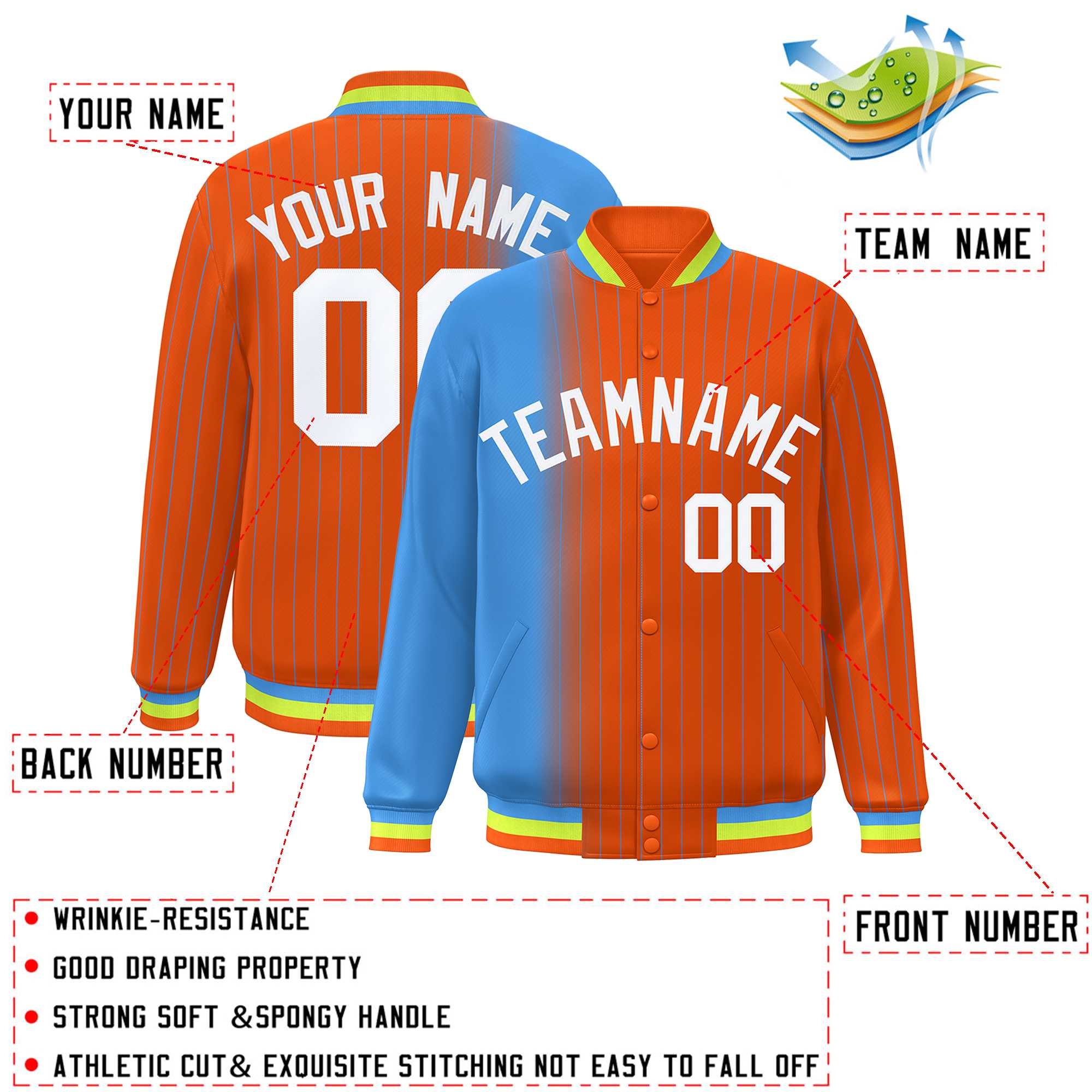 Custom Orange Powder Blue Gradient Varsity Full-Snap Pinstripe Letterman Baseball Jacket