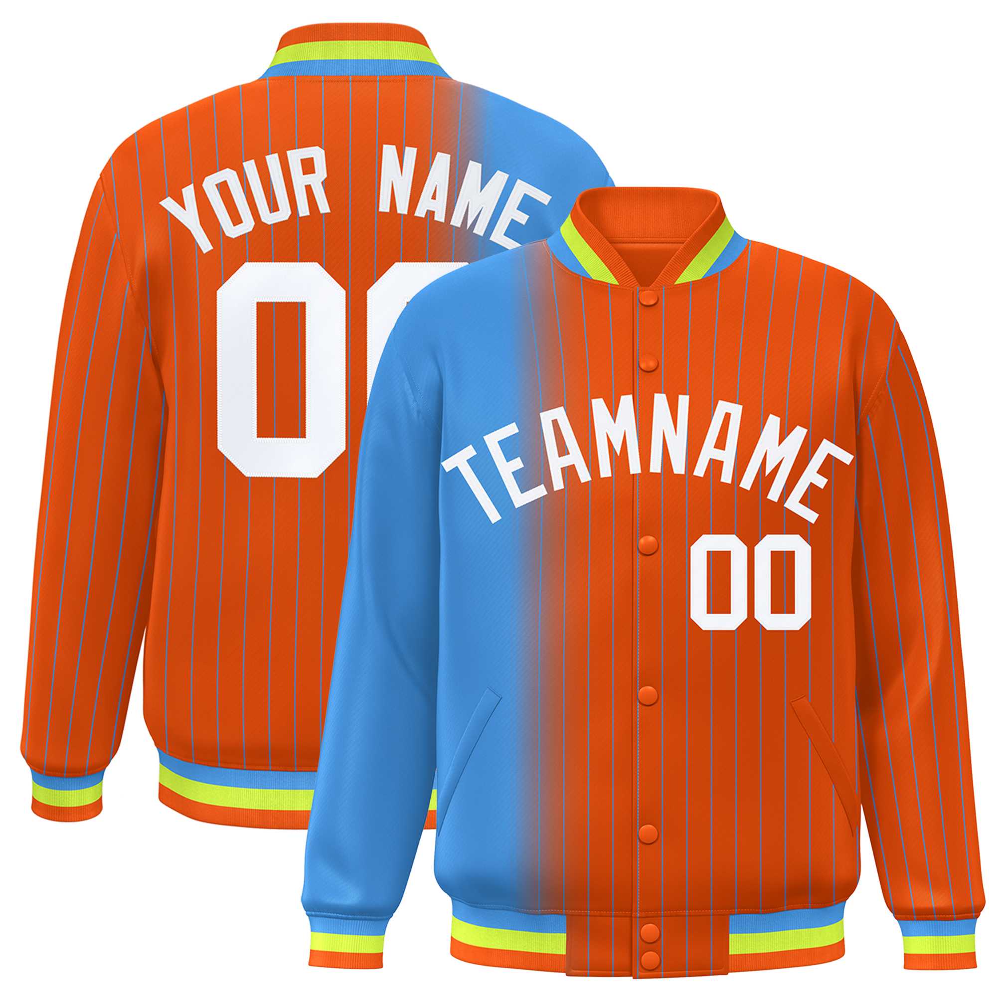 Custom Orange Powder Blue Gradient Varsity Full-Snap Pinstripe Letterman Baseball Jacket