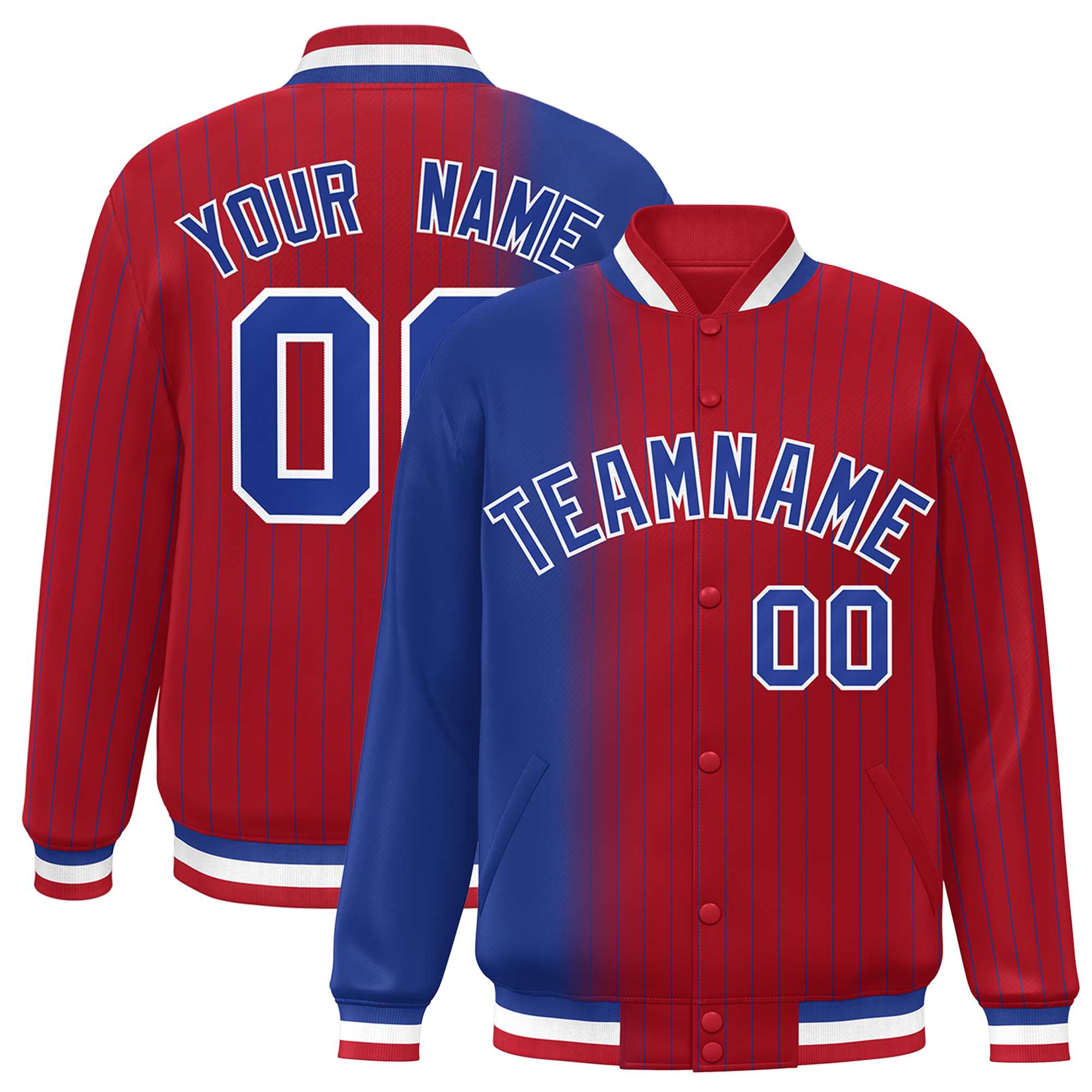 Custom Red Royal Gradient Varsity Full-Snap Pinstripe Letterman Baseball Jacket