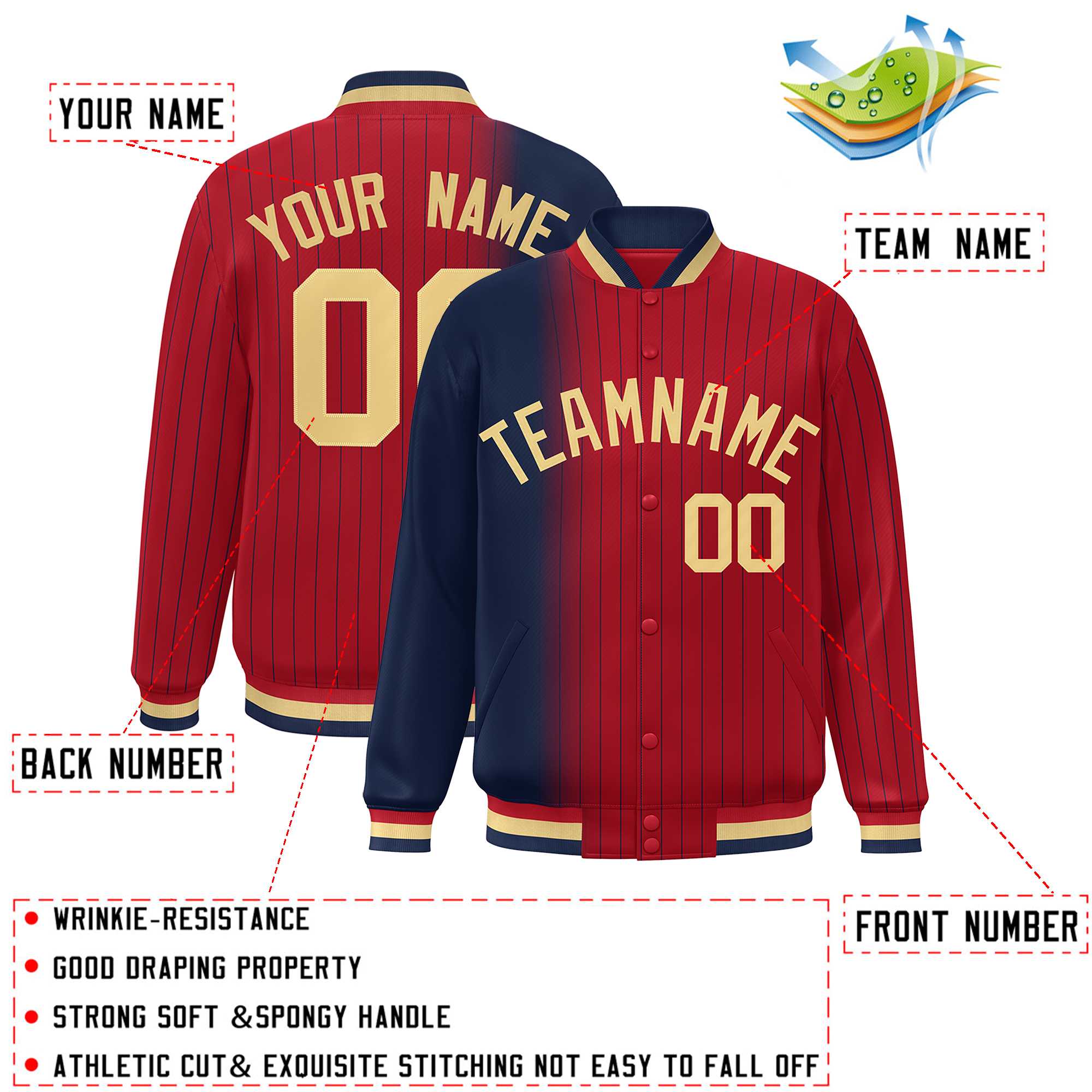 Custom Red Navy Gradient Varsity Full-Snap Pinstripe Letterman Baseball Jacket