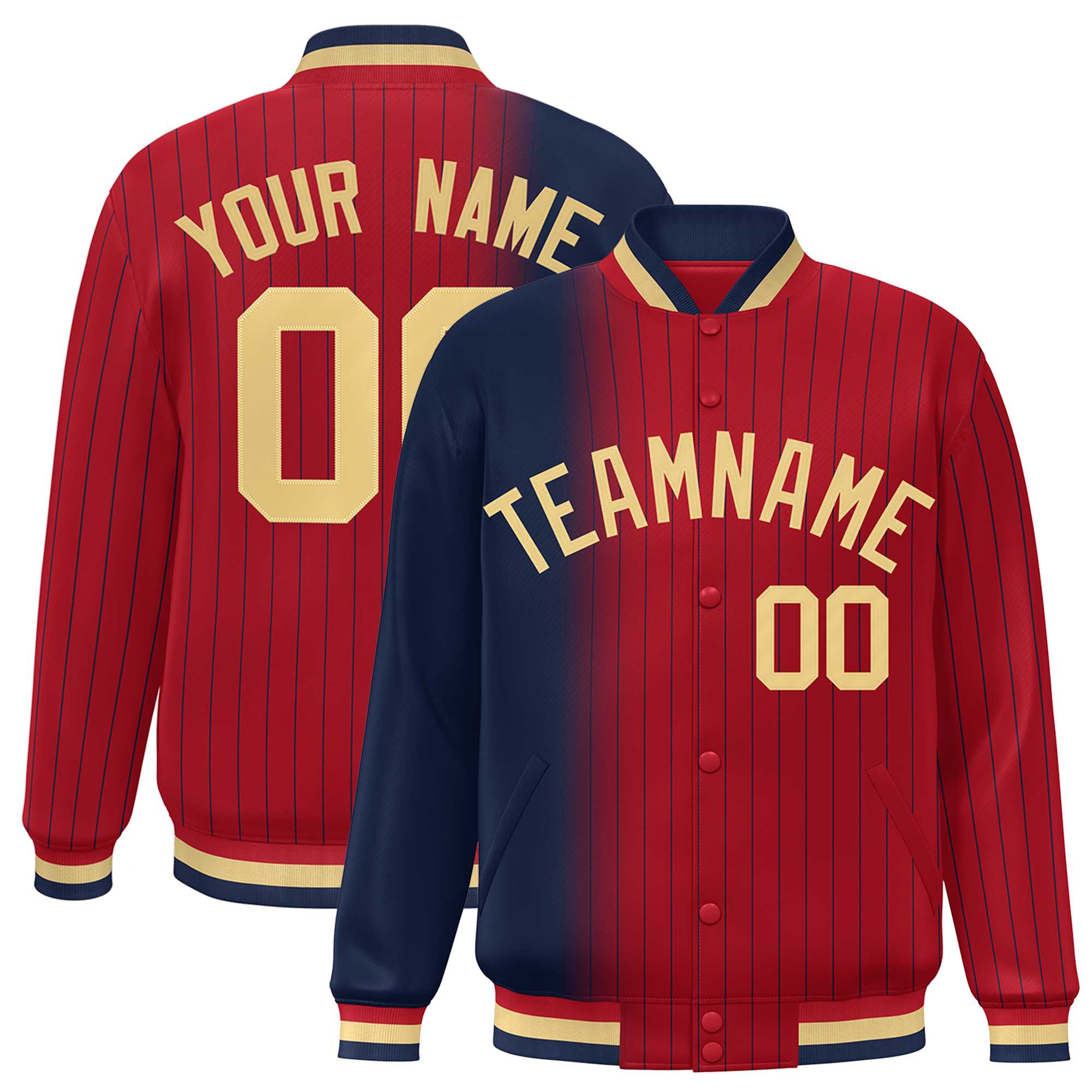 Custom Red Navy Gradient Varsity Full-Snap Pinstripe Letterman Baseball Jacket