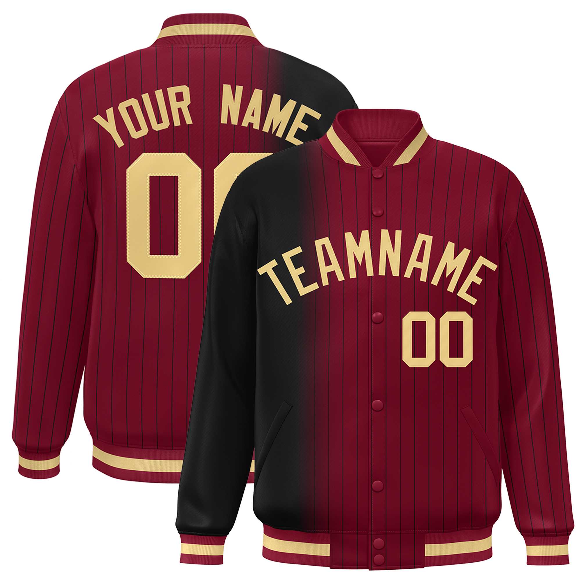 Custom Crimson Black Gradient Varsity Full-Snap Pinstripe Letterman Baseball Jacket