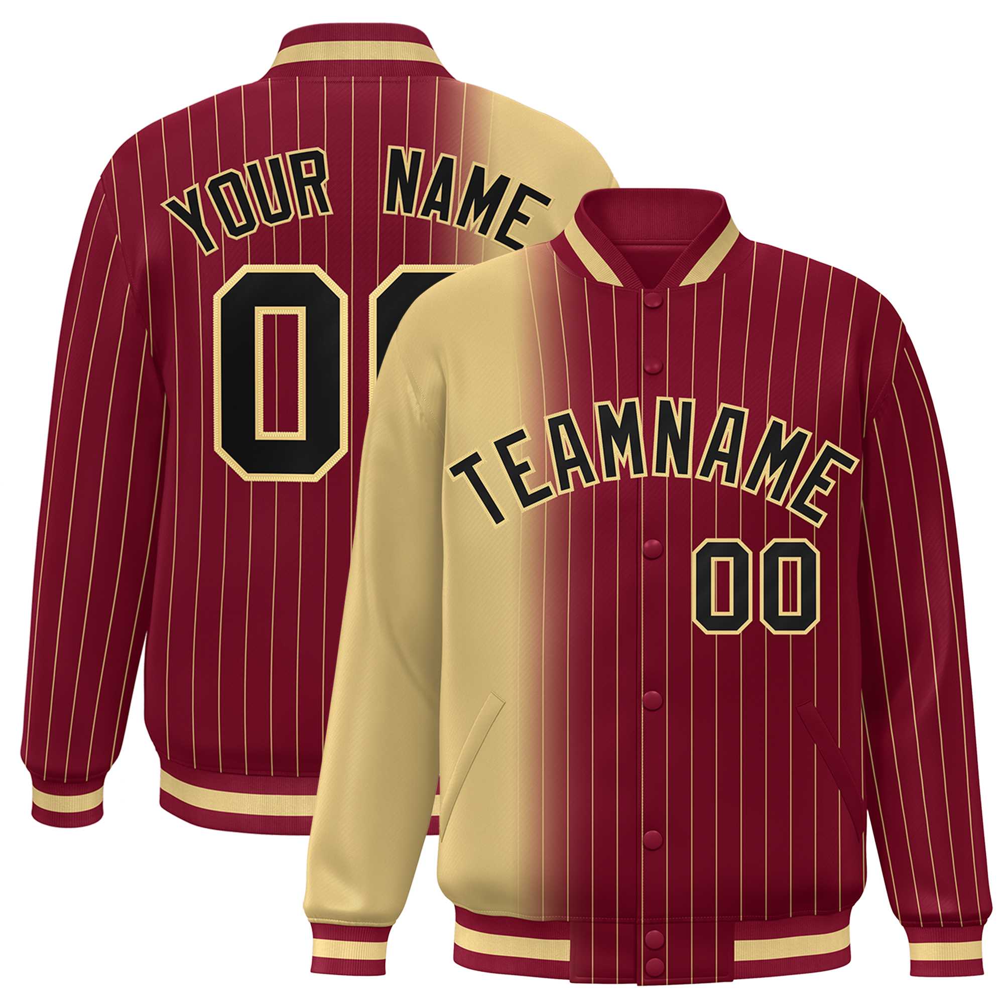 Custom Crimson Khaki Gradient Varsity Full-Snap Pinstripe Letterman Baseball Jacket