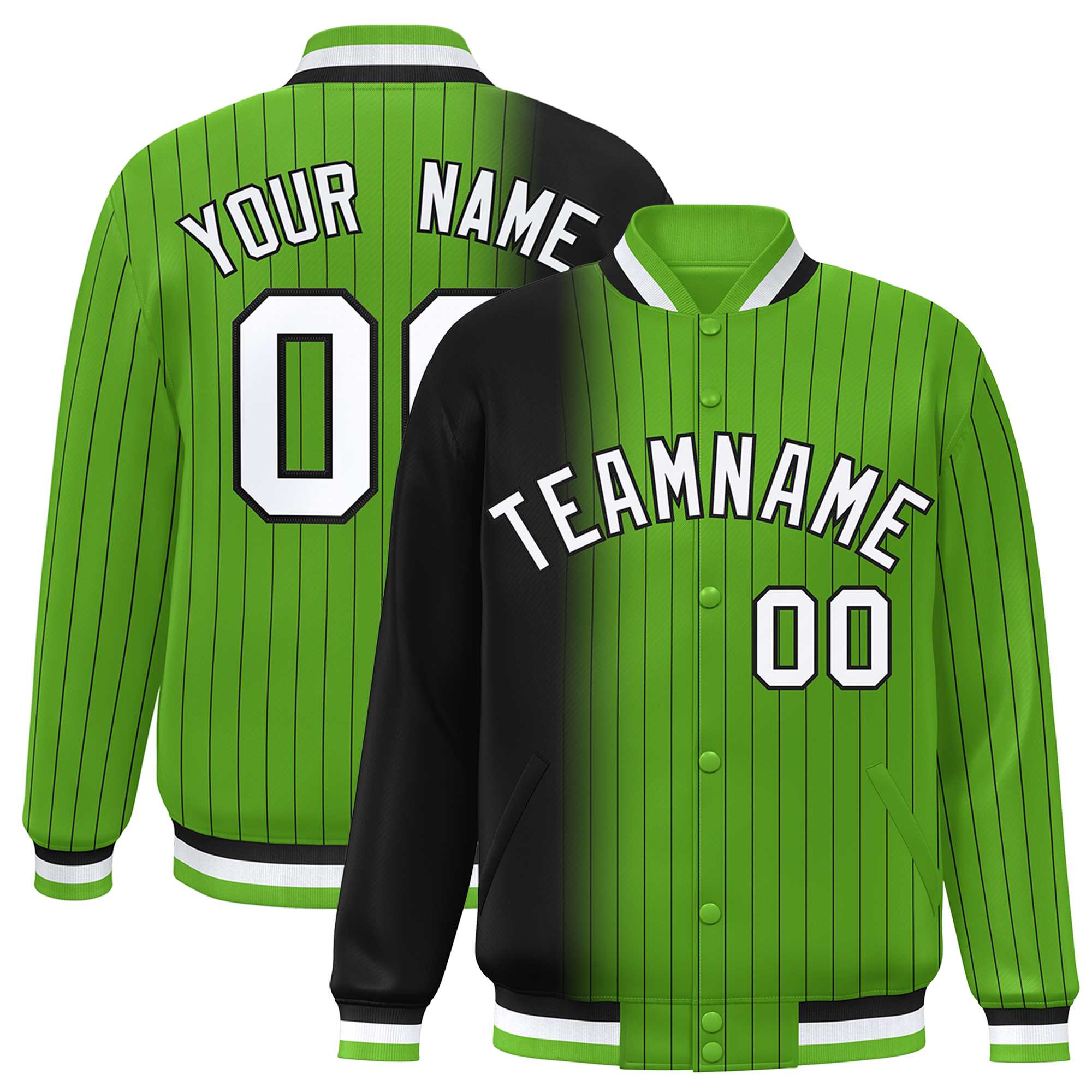 Custom Neon Green Black Gradient Varsity Full-Snap Pinstripe Letterman Baseball Jacket