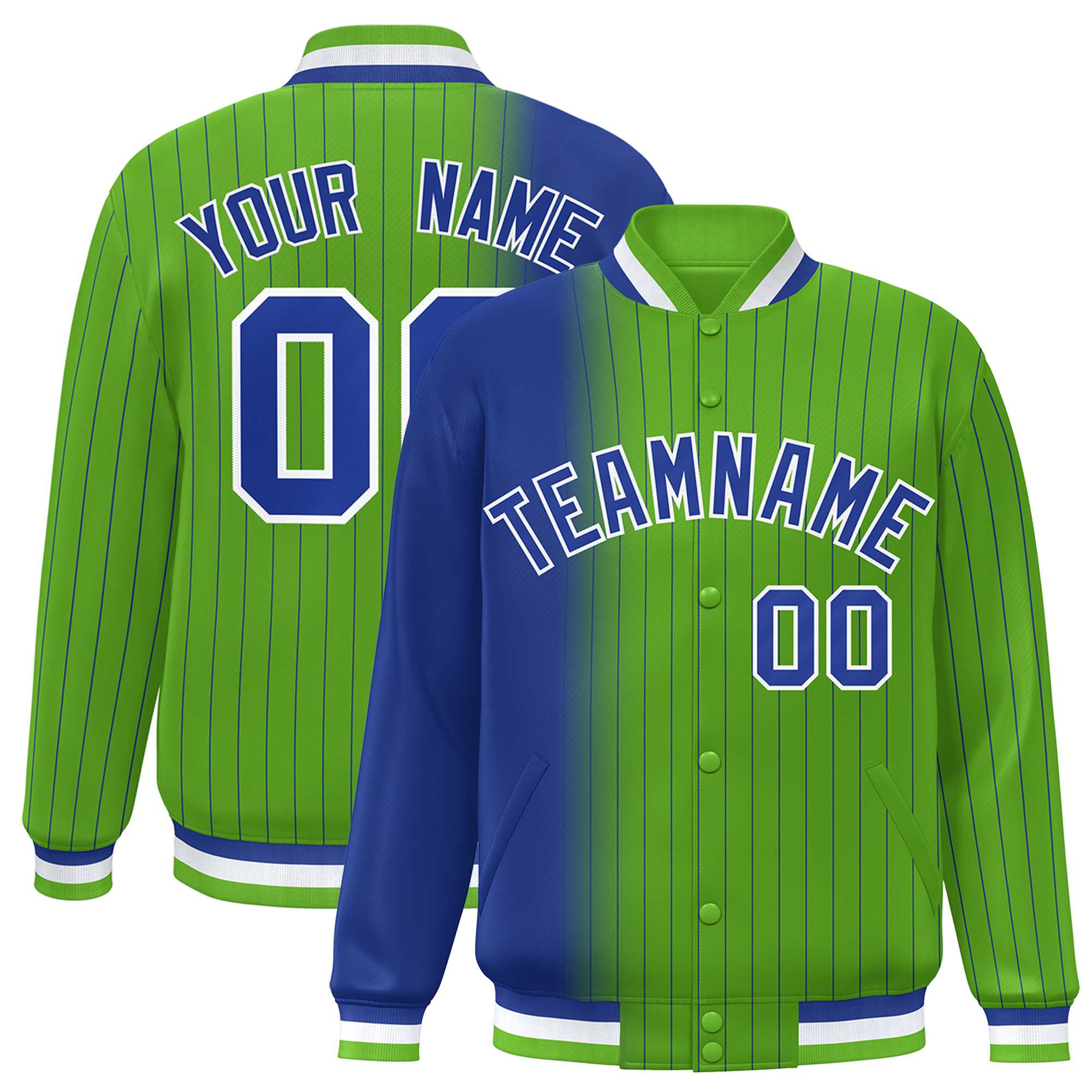 Custom Green Royal Gradient Varsity Full-Snap Pinstripe Letterman Baseball Jacket