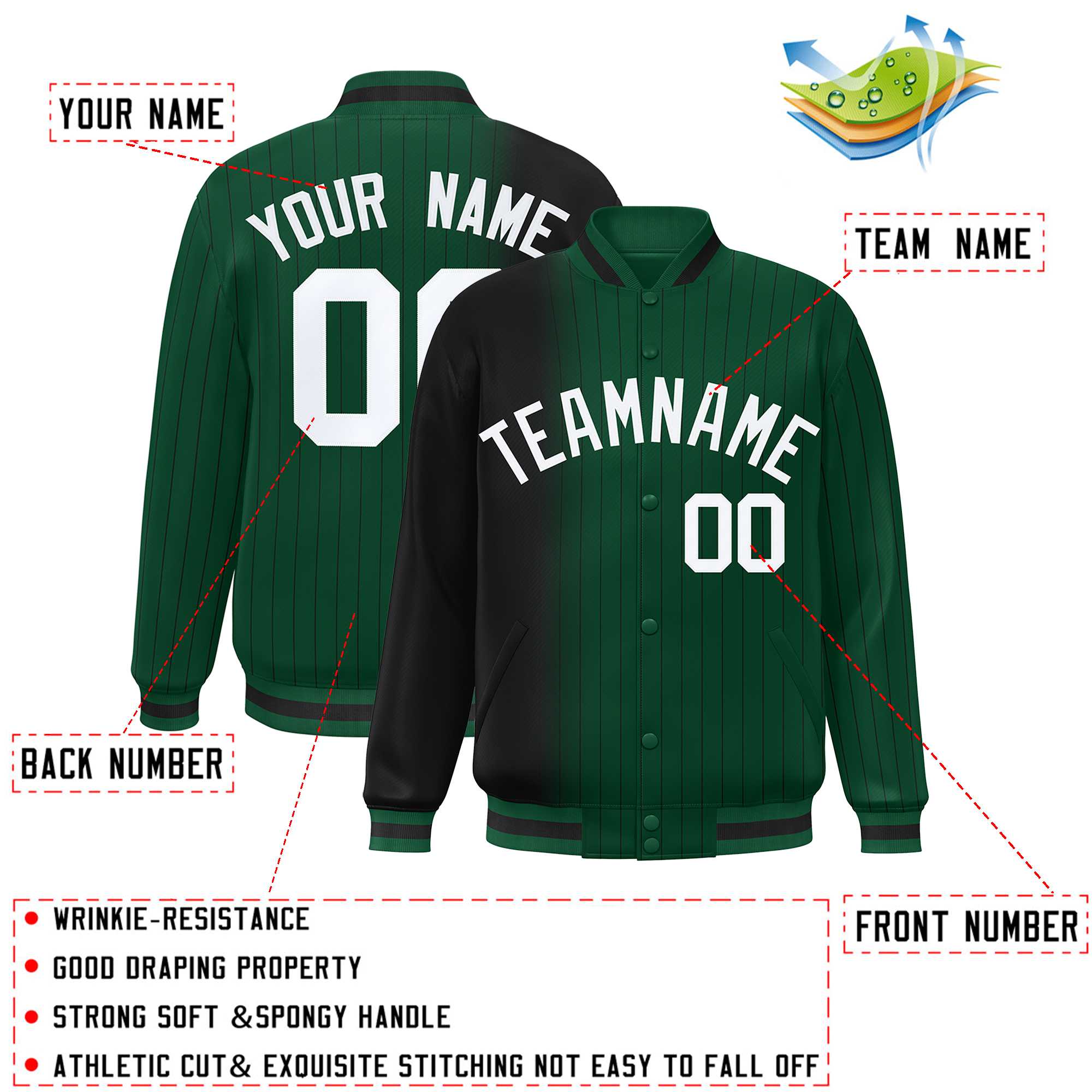 Custom Green Black Gradient Varsity Full-Snap Pinstripe Letterman Baseball Jacket