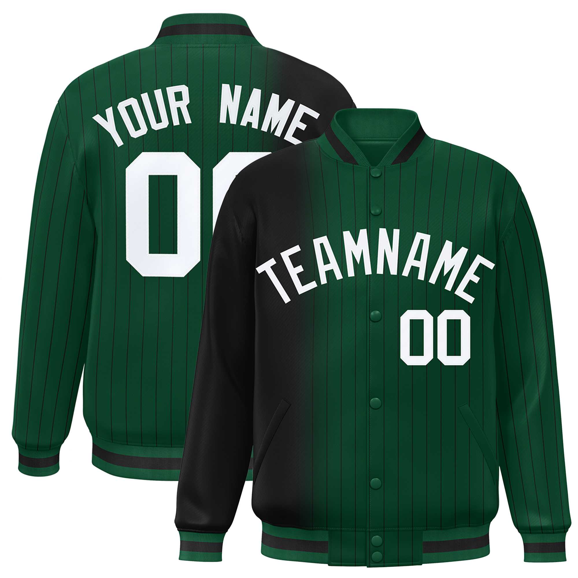 Custom Green Black Gradient Varsity Full-Snap Pinstripe Letterman Baseball Jacket