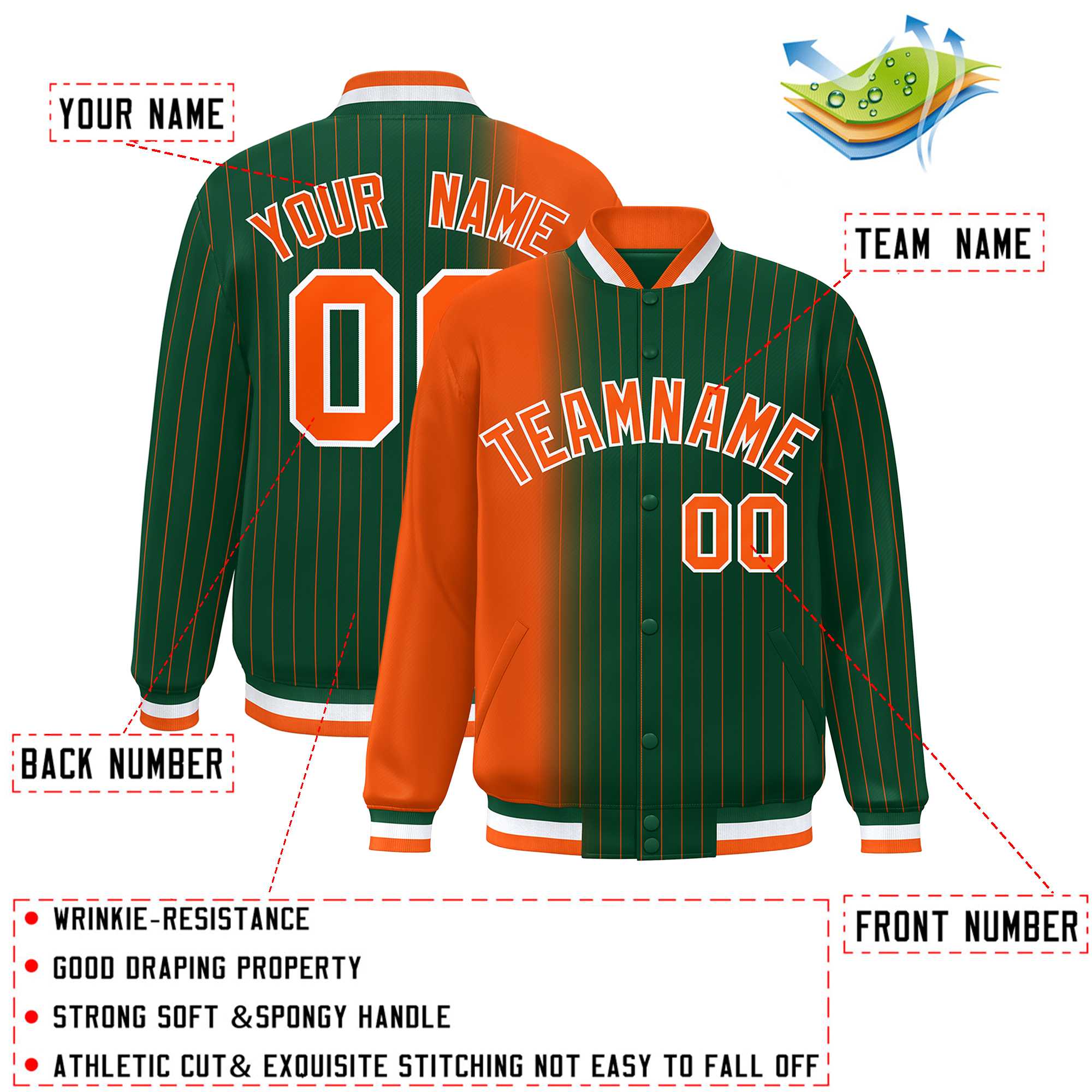 Custom Green Orange Gradient Varsity Full-Snap Pinstripe Letterman Baseball Jacket