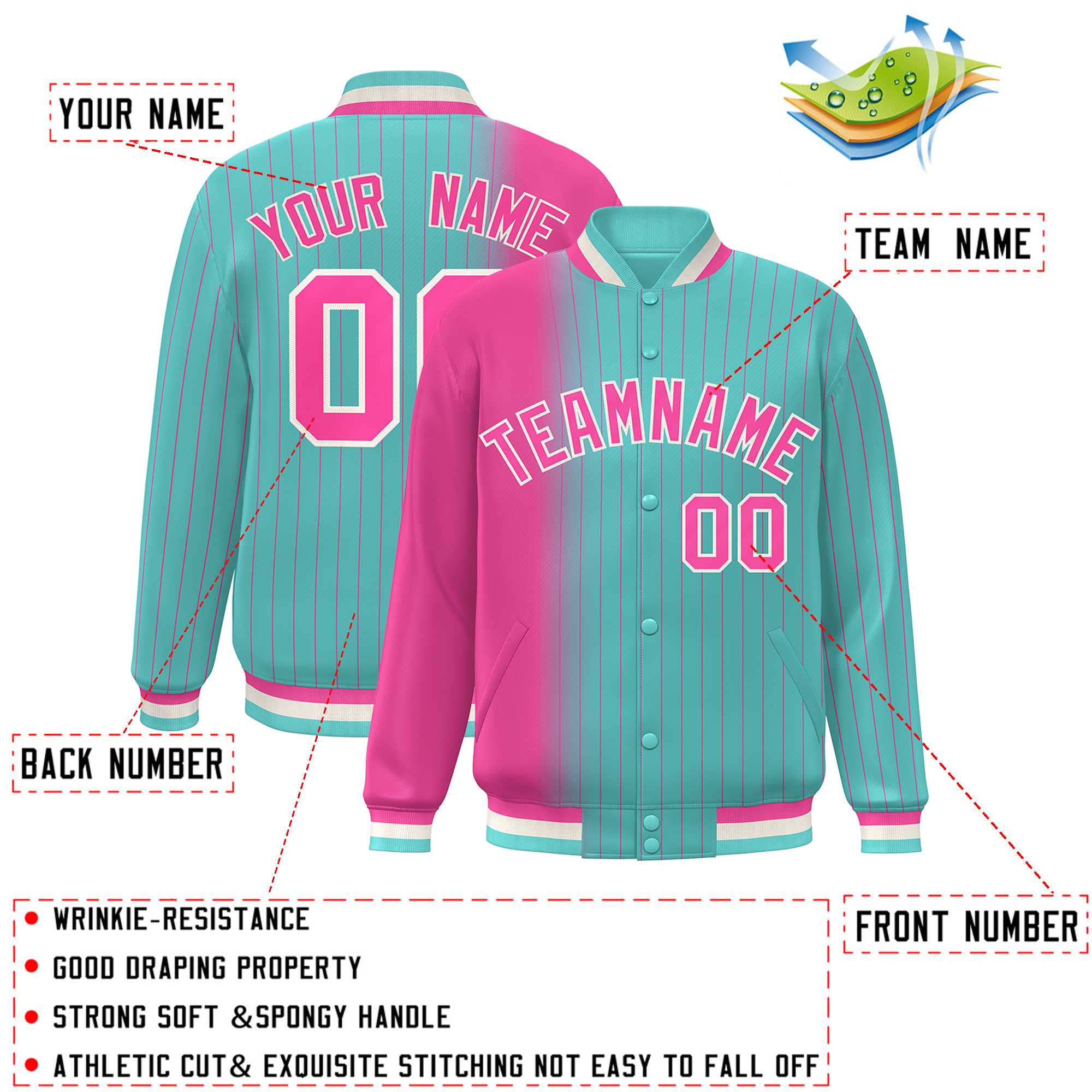 Custom Bright Green Pink Gradient Varsity Full-Snap Pinstripe Letterman Baseball Jacket