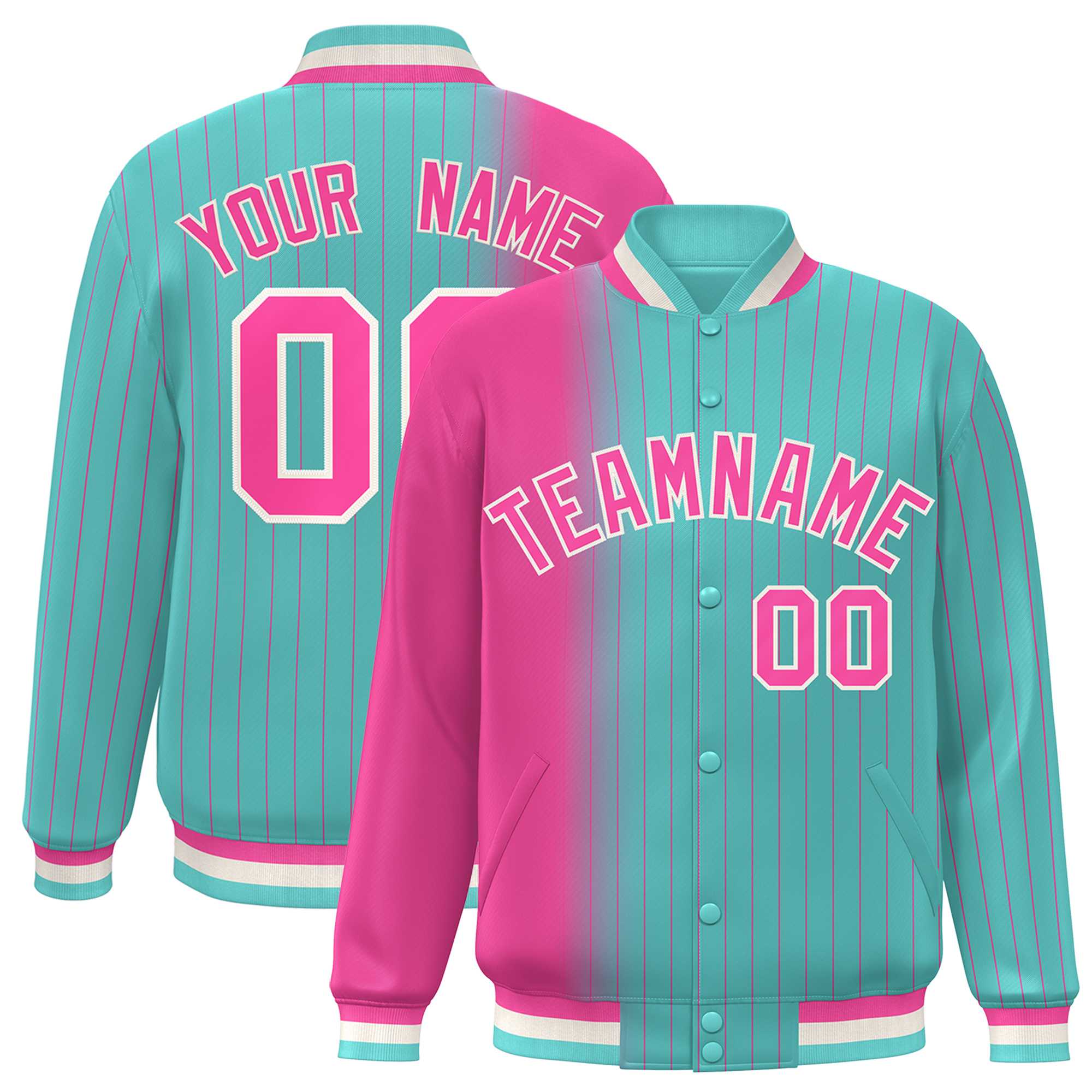 Custom Bright Green Pink Gradient Varsity Full-Snap Pinstripe Letterman Baseball Jacket