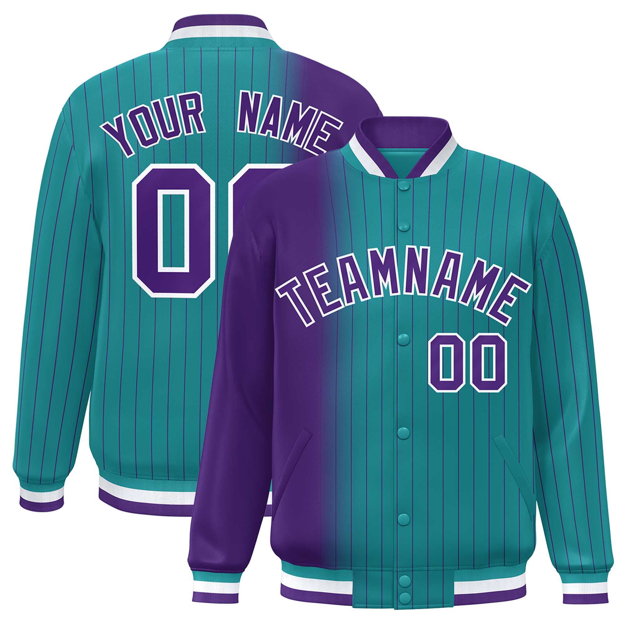 Custom Aqua Purple Gradient Varsity Full-Snap Pinstripe Letterman Baseball Jacket