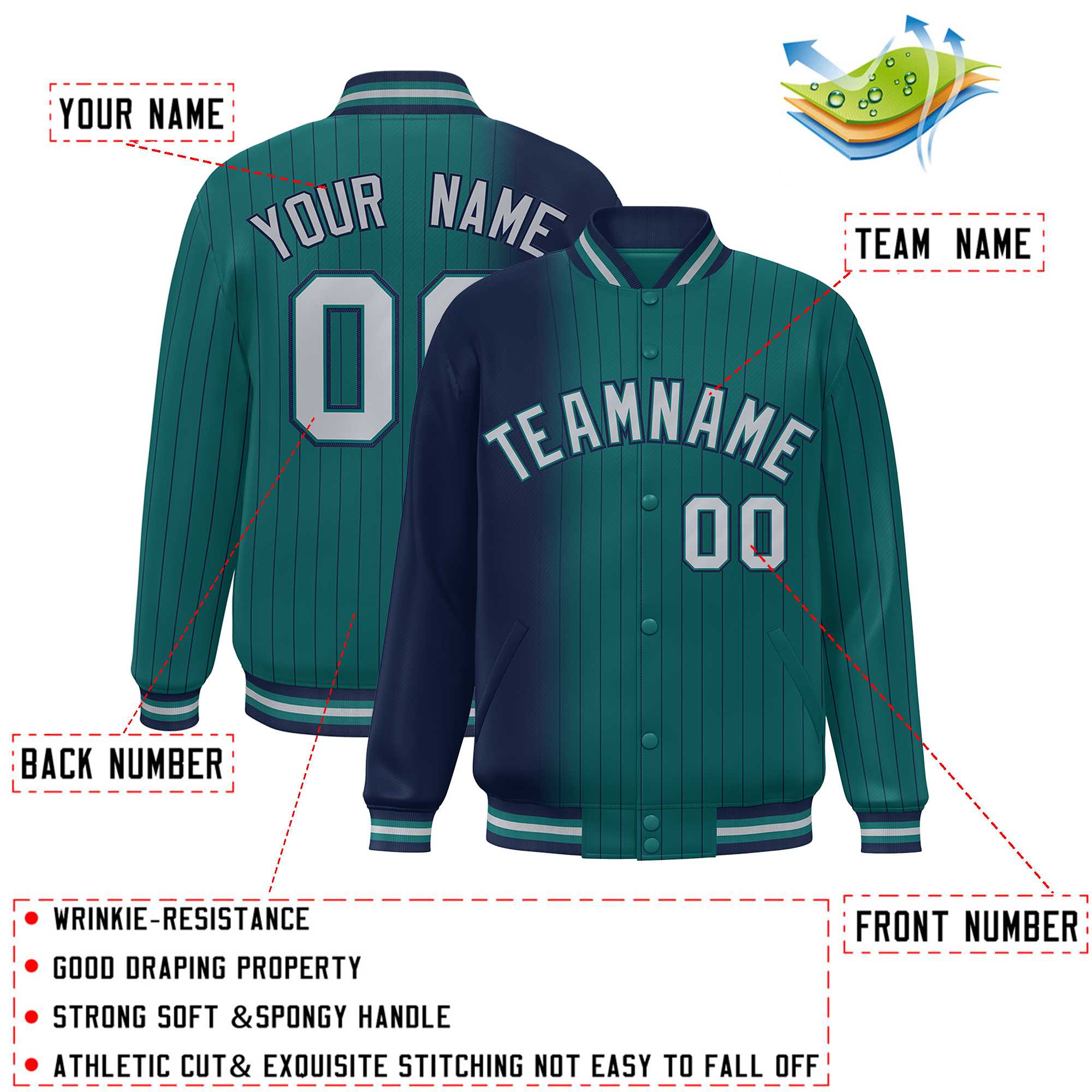 Custom Aqua Navy Gradient Varsity Full-Snap Pinstripe Letterman Baseball Jacket