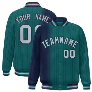 Custom Aqua Navy Gradient Varsity Full-Snap Pinstripe Letterman Baseball Jacket