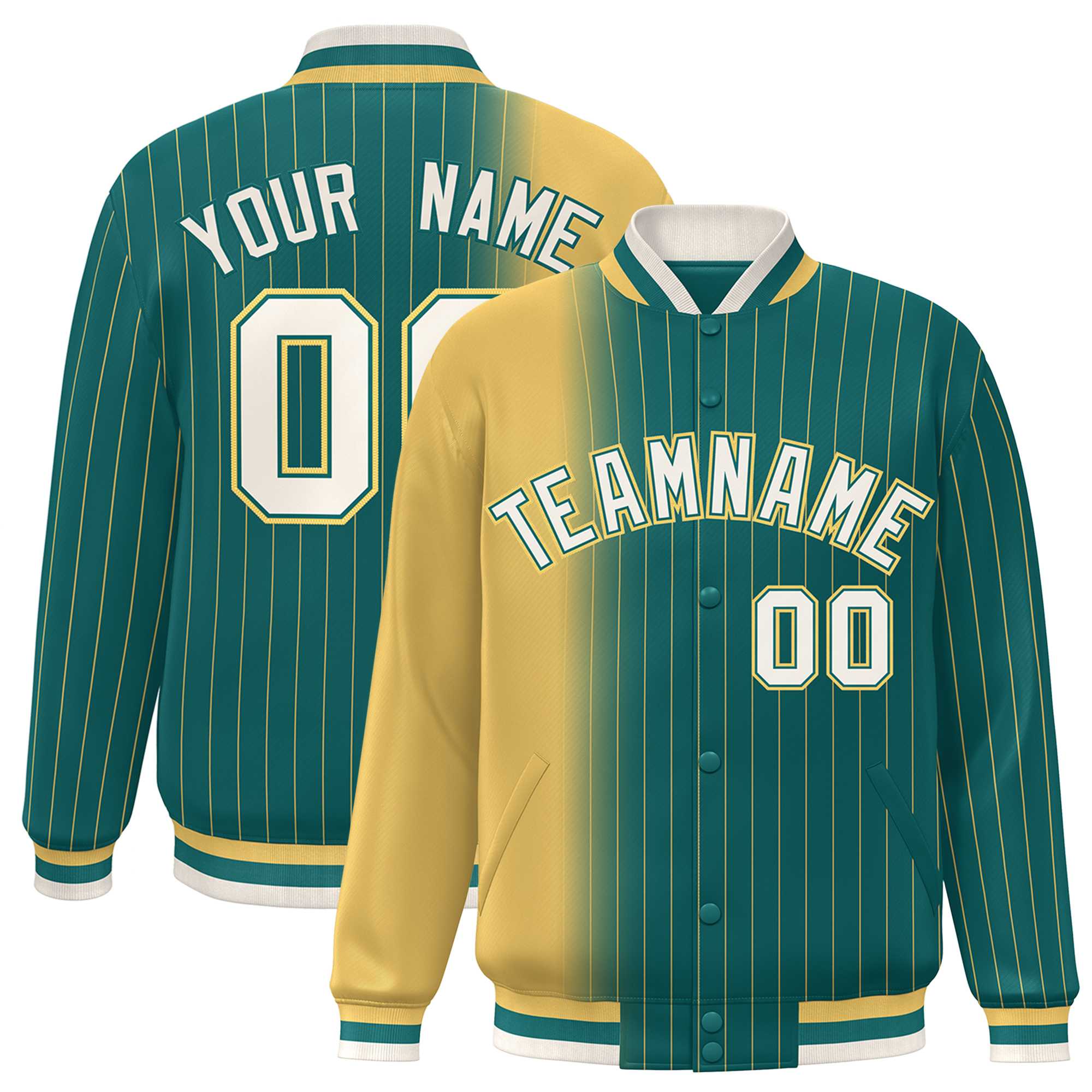 Custom AquaYellowGradient Varsity Full-Snap Pinstripe Letterman Baseball Jacket