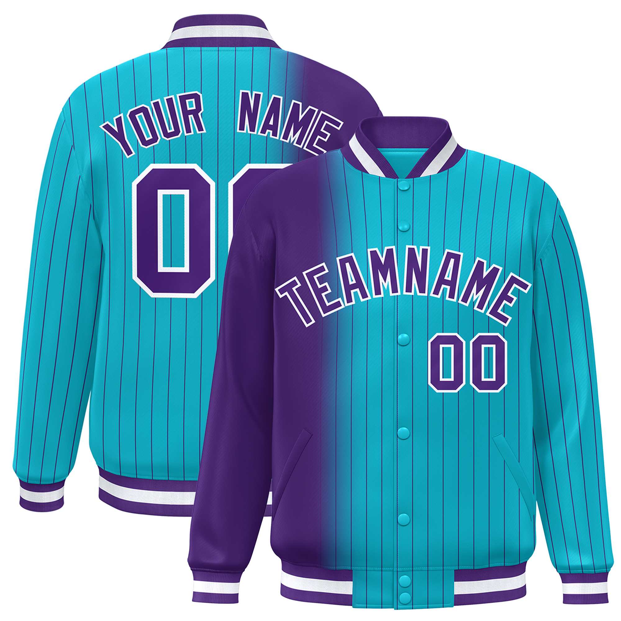 Custom Sky Blue Purple Gradient Varsity Full-Snap Pinstripe Letterman Baseball Jacket