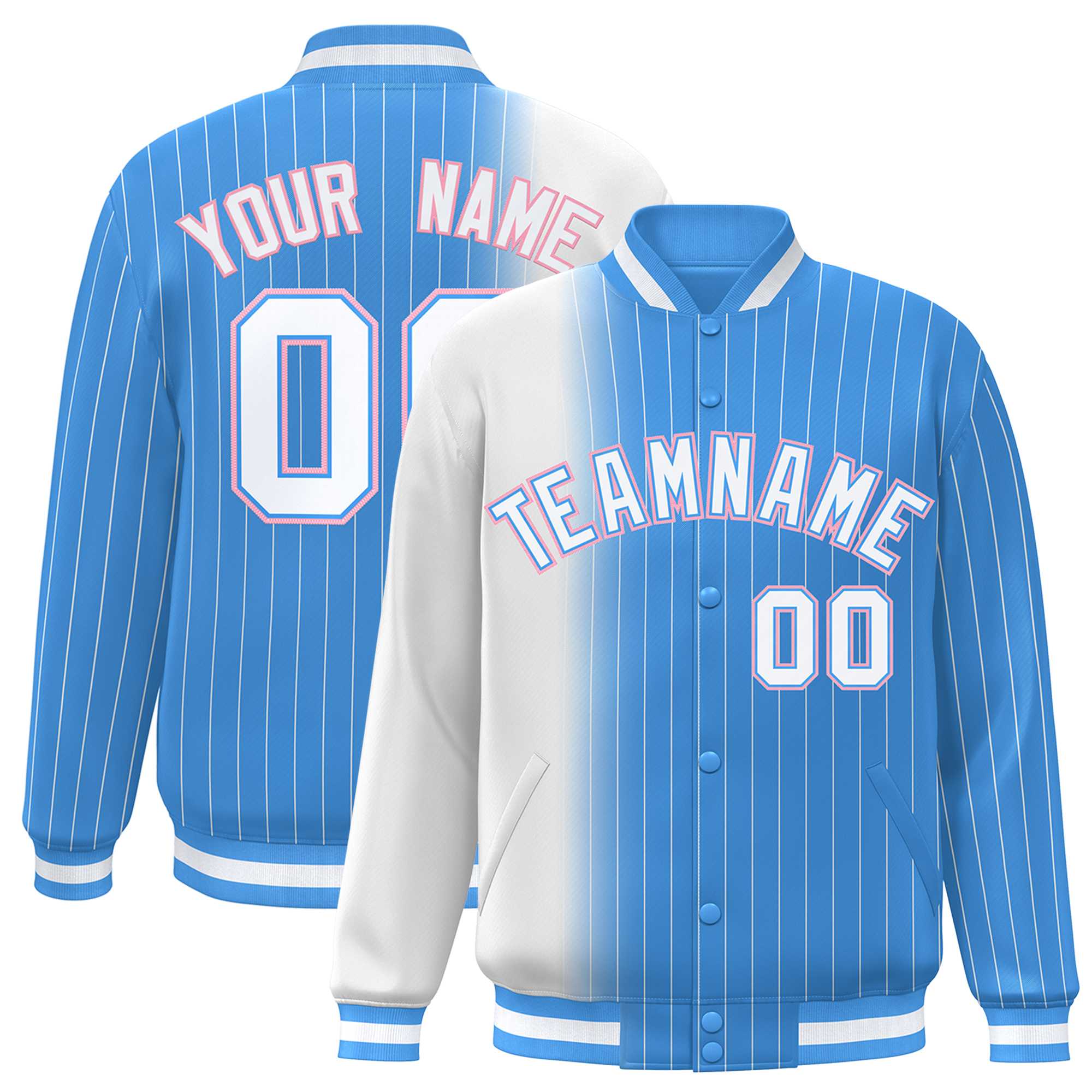 Custom Powder Blue White Gradient Varsity Full-Snap Pinstripe Letterman Baseball Jacket