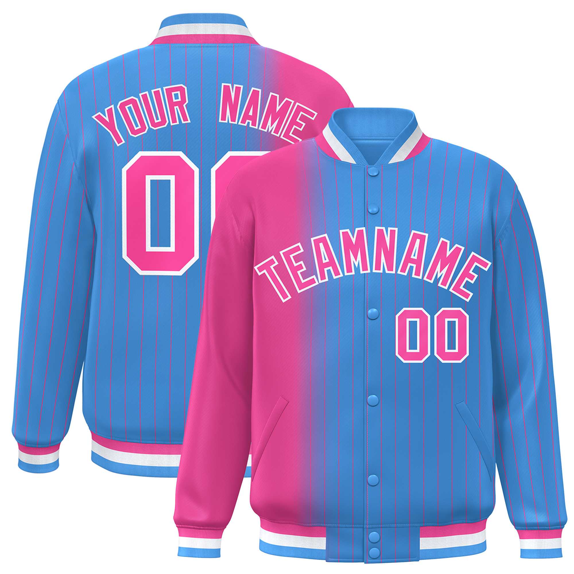 Custom Powder Blue Pink Gradient Varsity Full-Snap Pinstripe Letterman Baseball Jacket