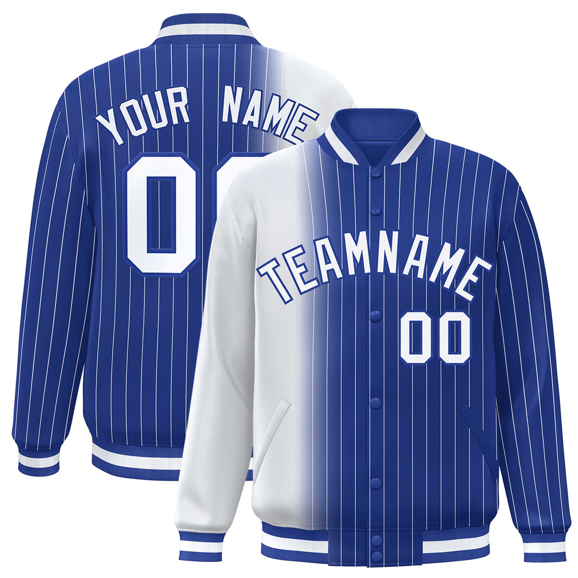 Custom Royal White Gradient Varsity Full-Snap Pinstripe Letterman Baseball Jacket