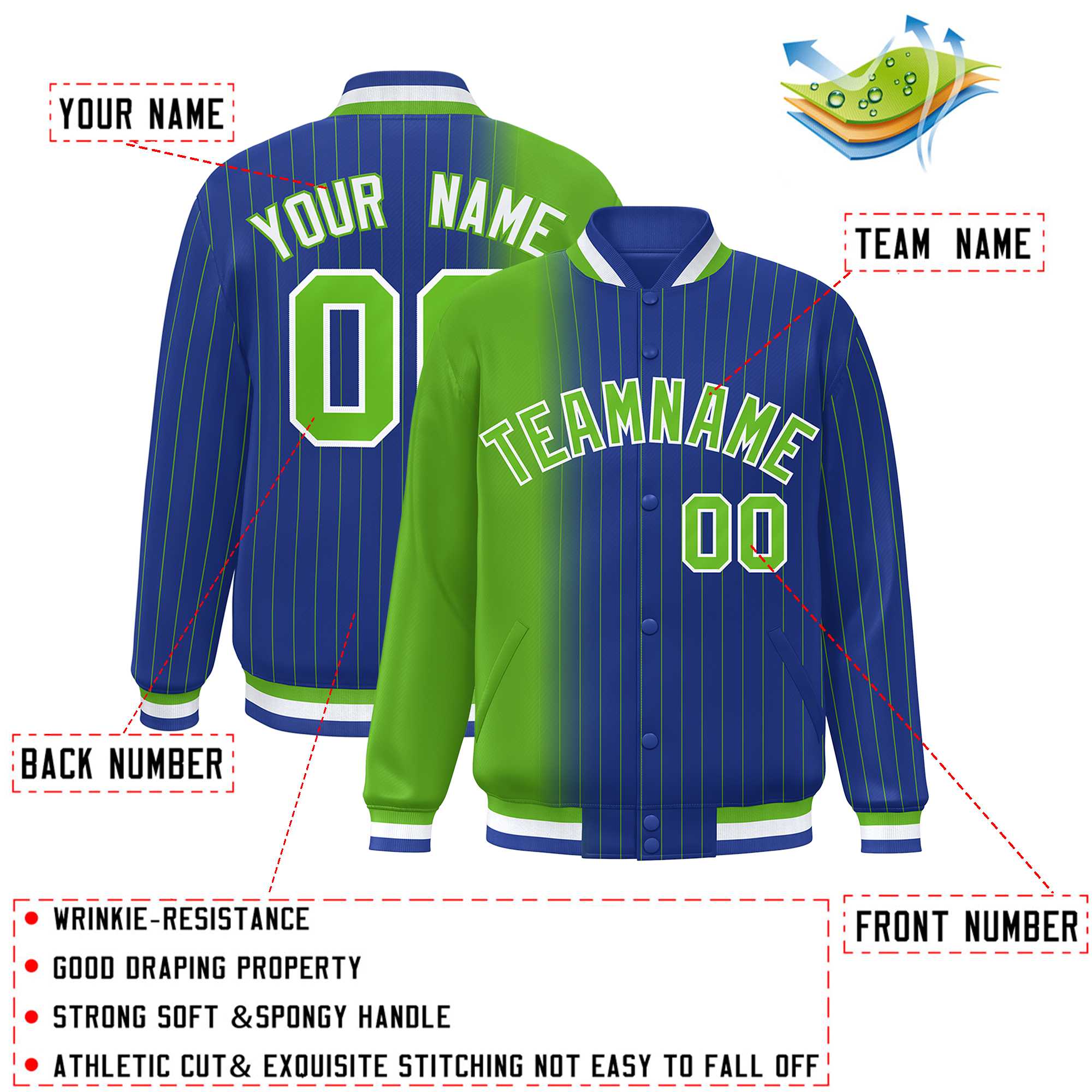 Custom Royal Green Gradient Varsity Full-Snap Pinstripe Letterman Baseball Jacket