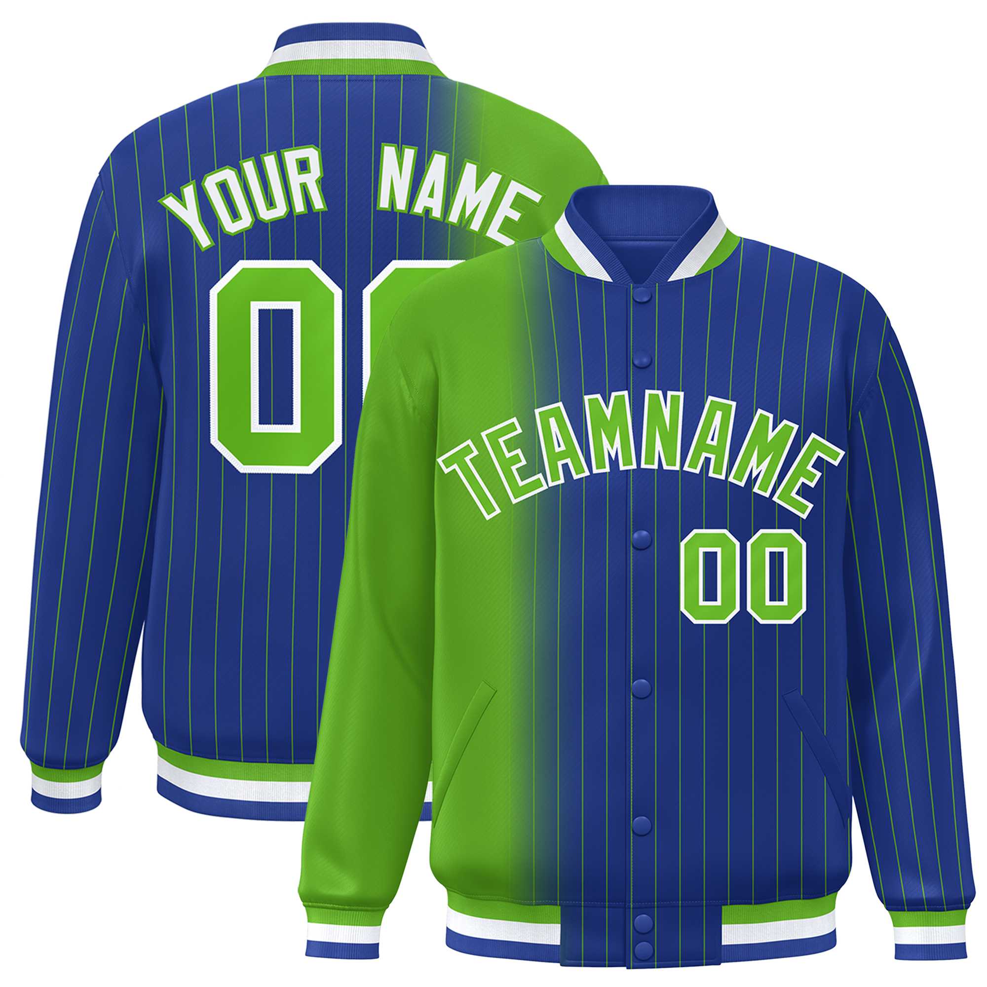 Custom Royal Green Gradient Varsity Full-Snap Pinstripe Letterman Baseball Jacket