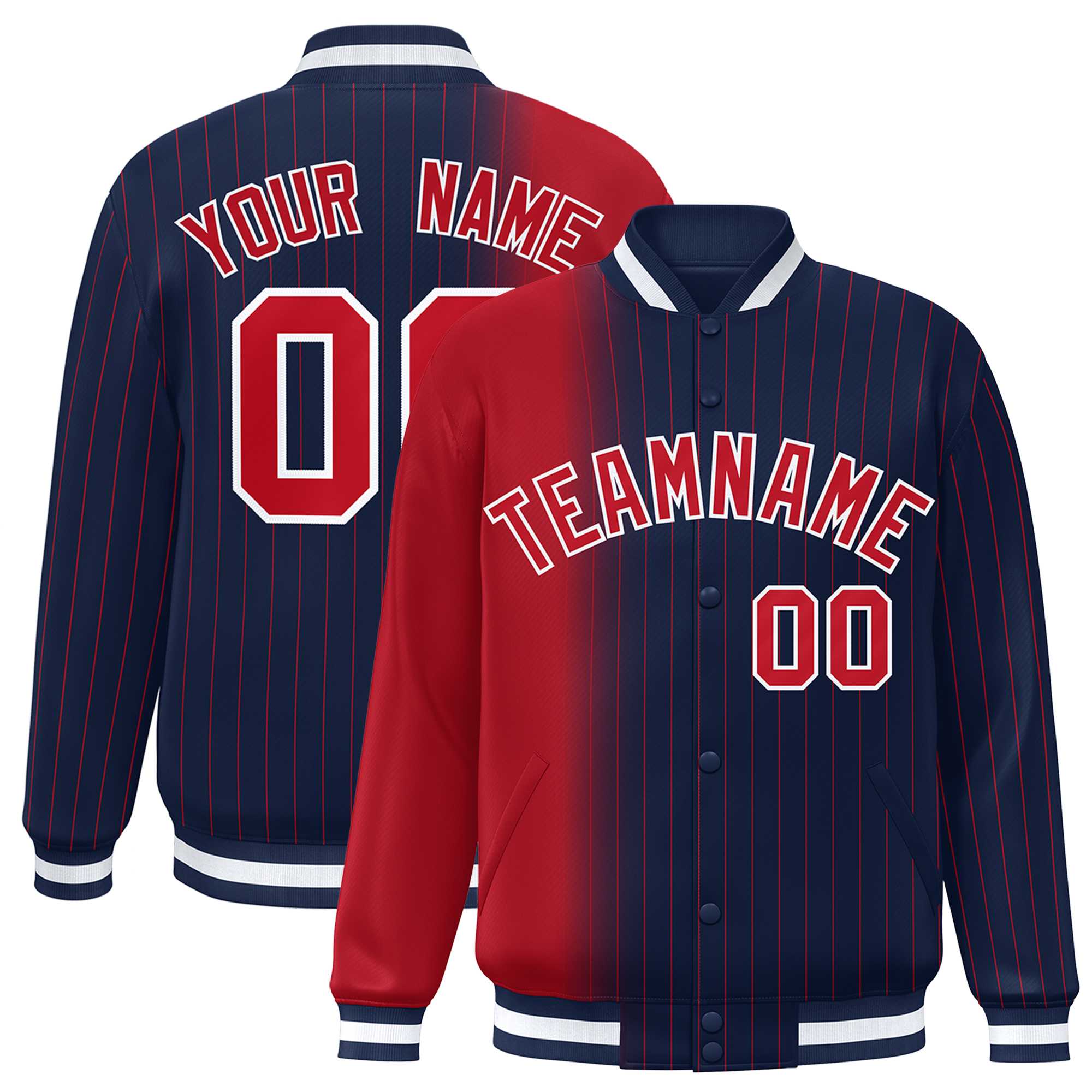 Custom Navy Red Gradient Varsity Full-Snap Pinstripe Letterman Baseball Jacket