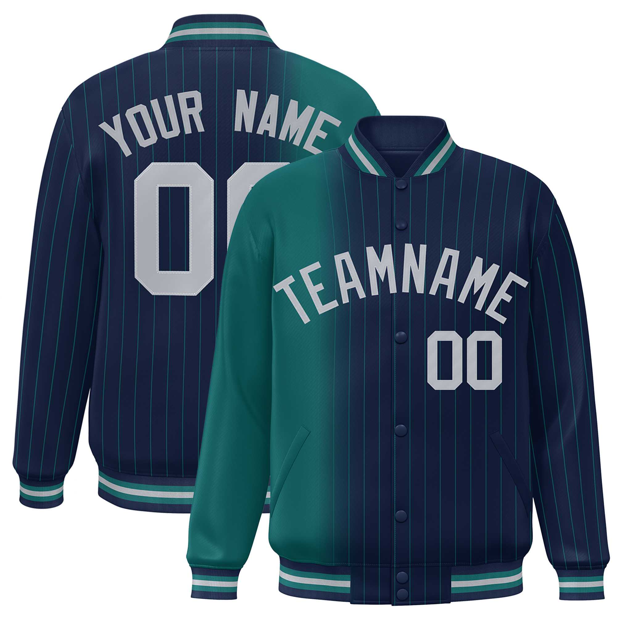 Custom Navy Aqua Gradient Varsity Full-Snap Pinstripe Letterman Baseball Jacket