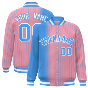 Custom Light Pink Powder Blue Gradient Varsity Full-Snap Pinstripe Letterman Baseball Jacket