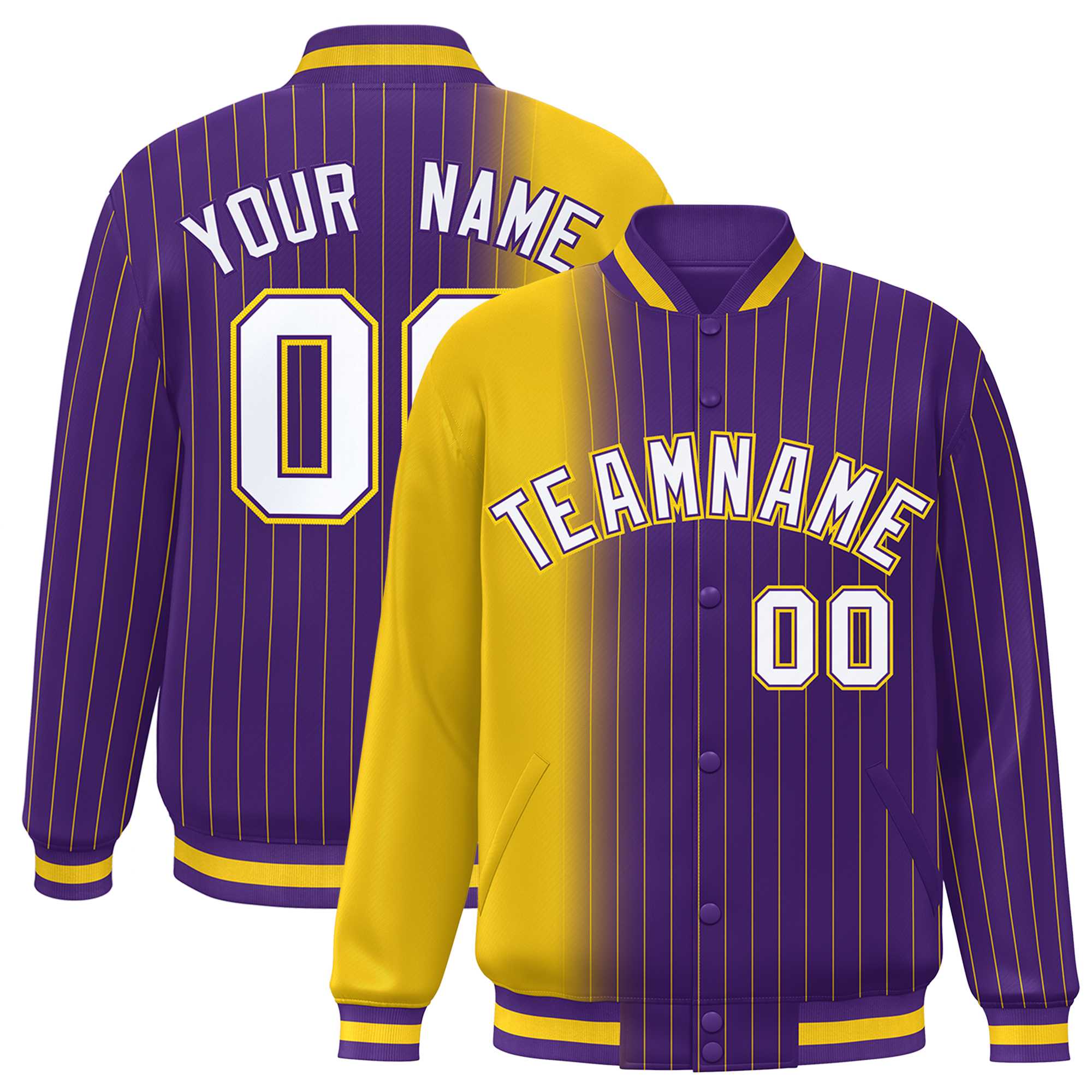 Custom Purple Gold Gradient Varsity Full-Snap Pinstripe Letterman Baseball Jacket