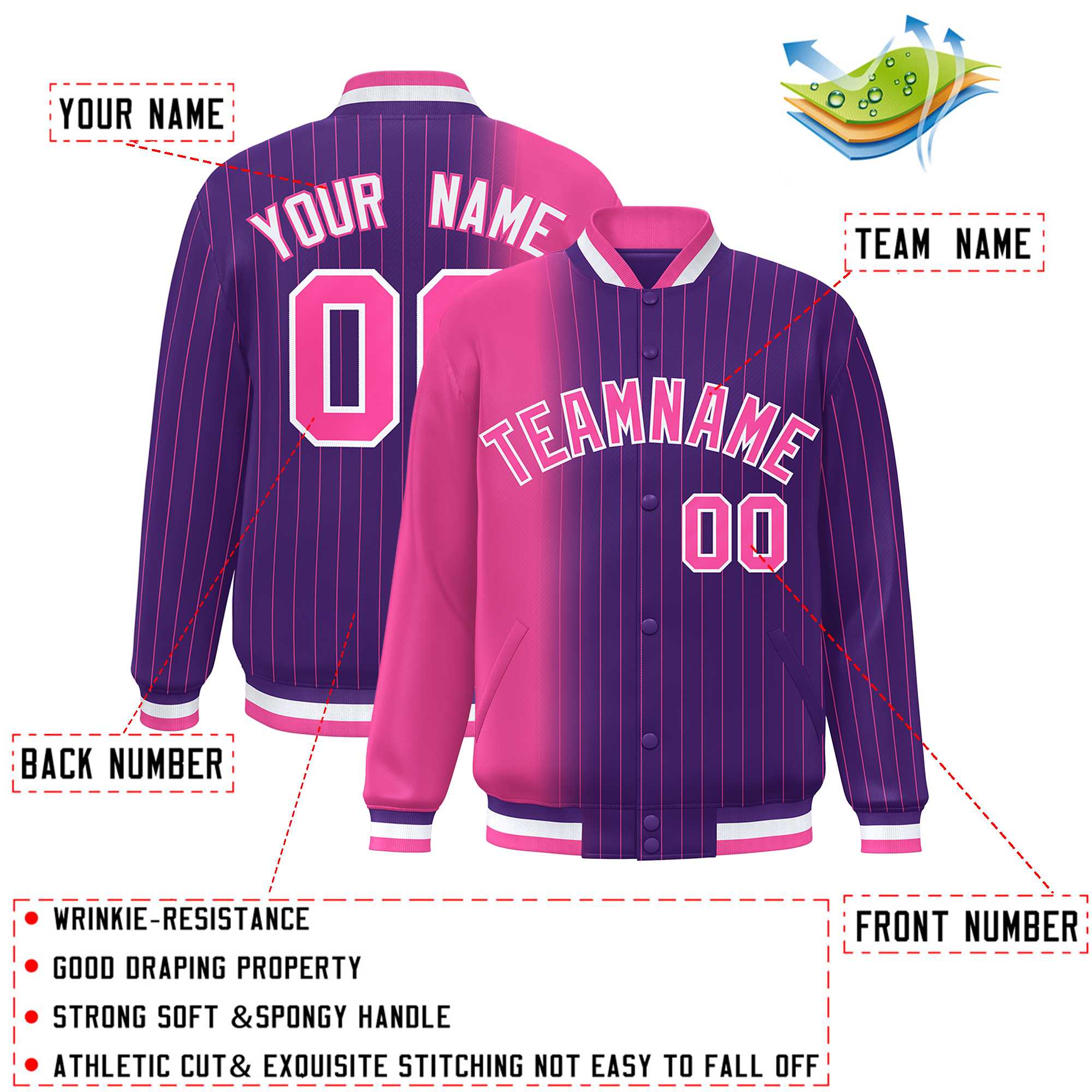 Custom Purple Pink Gradient Varsity Full-Snap Pinstripe Letterman Baseball Jacket