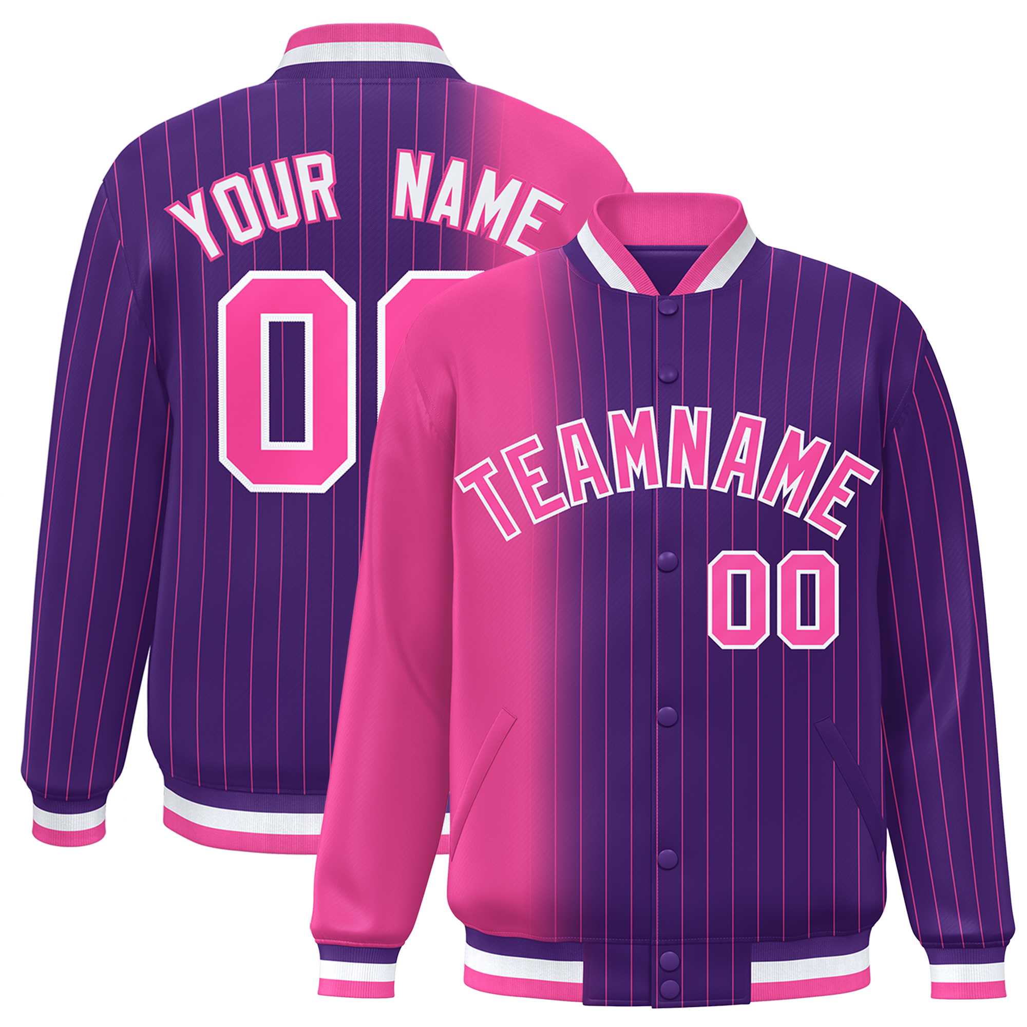 Custom Purple Pink Gradient Varsity Full-Snap Pinstripe Letterman Baseball Jacket