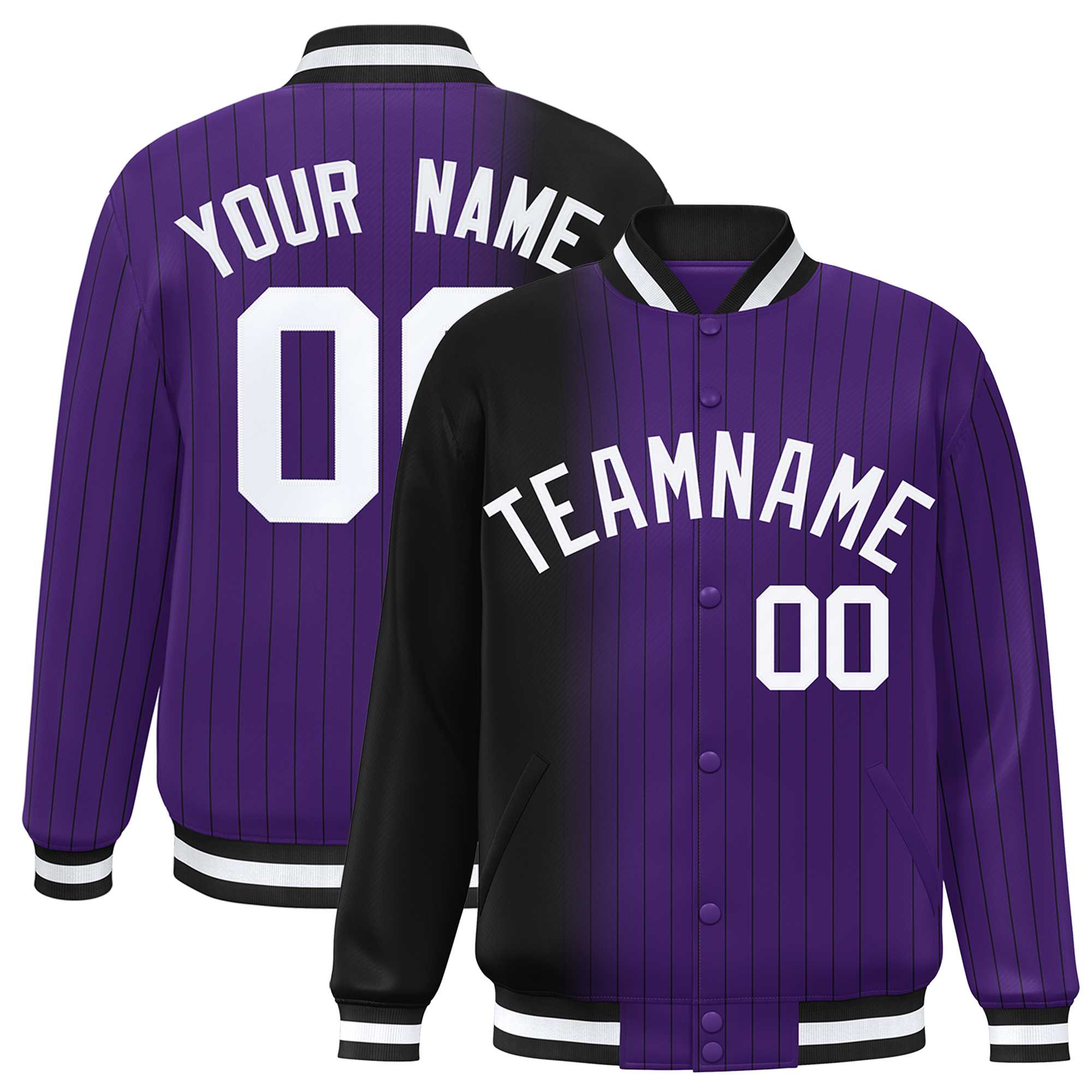 Custom Purple Black Gradient Varsity Full-Snap Pinstripe Letterman Baseball Jacket