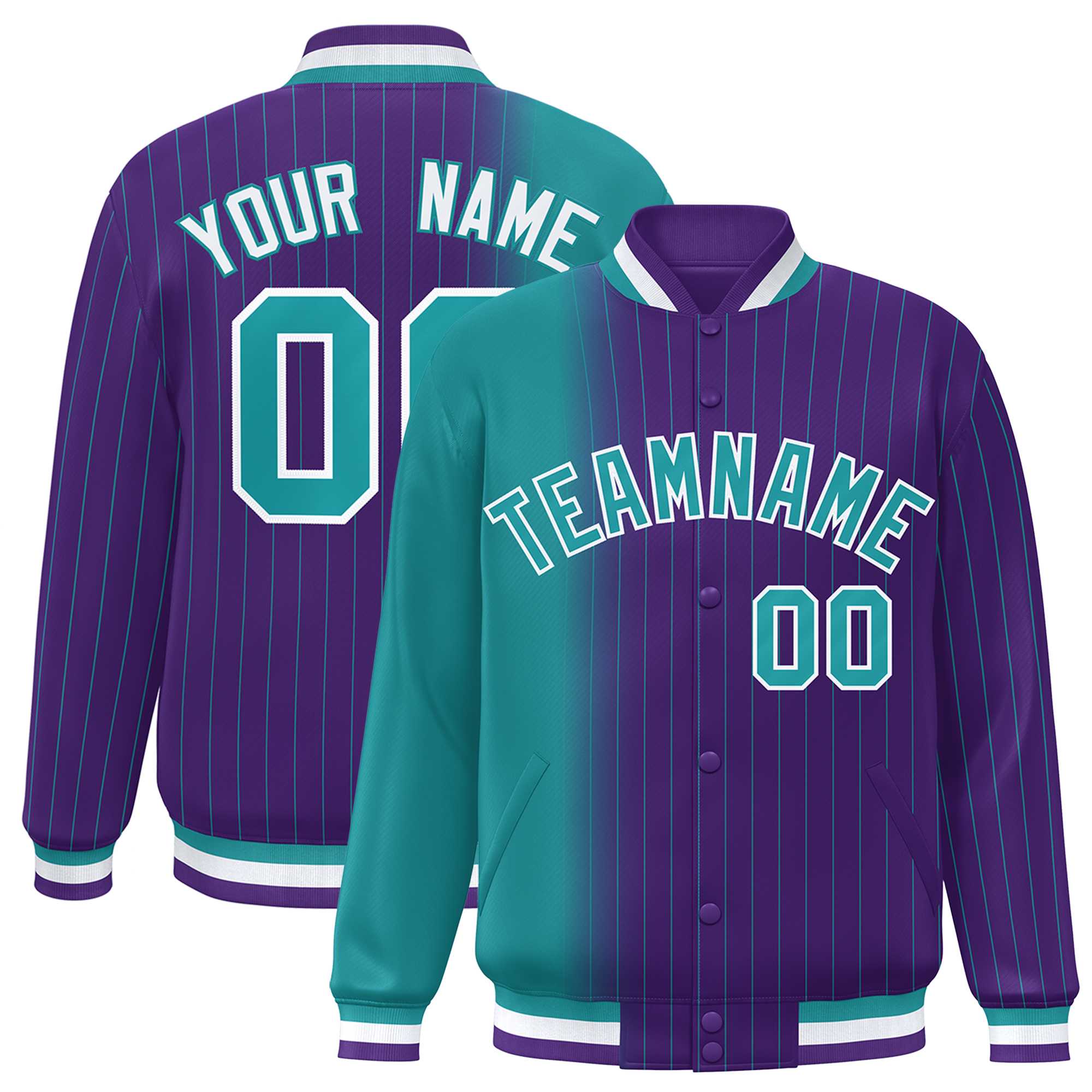 Custom Purple Aqua Gradient Varsity Full-Snap Pinstripe Letterman Baseball Jacket