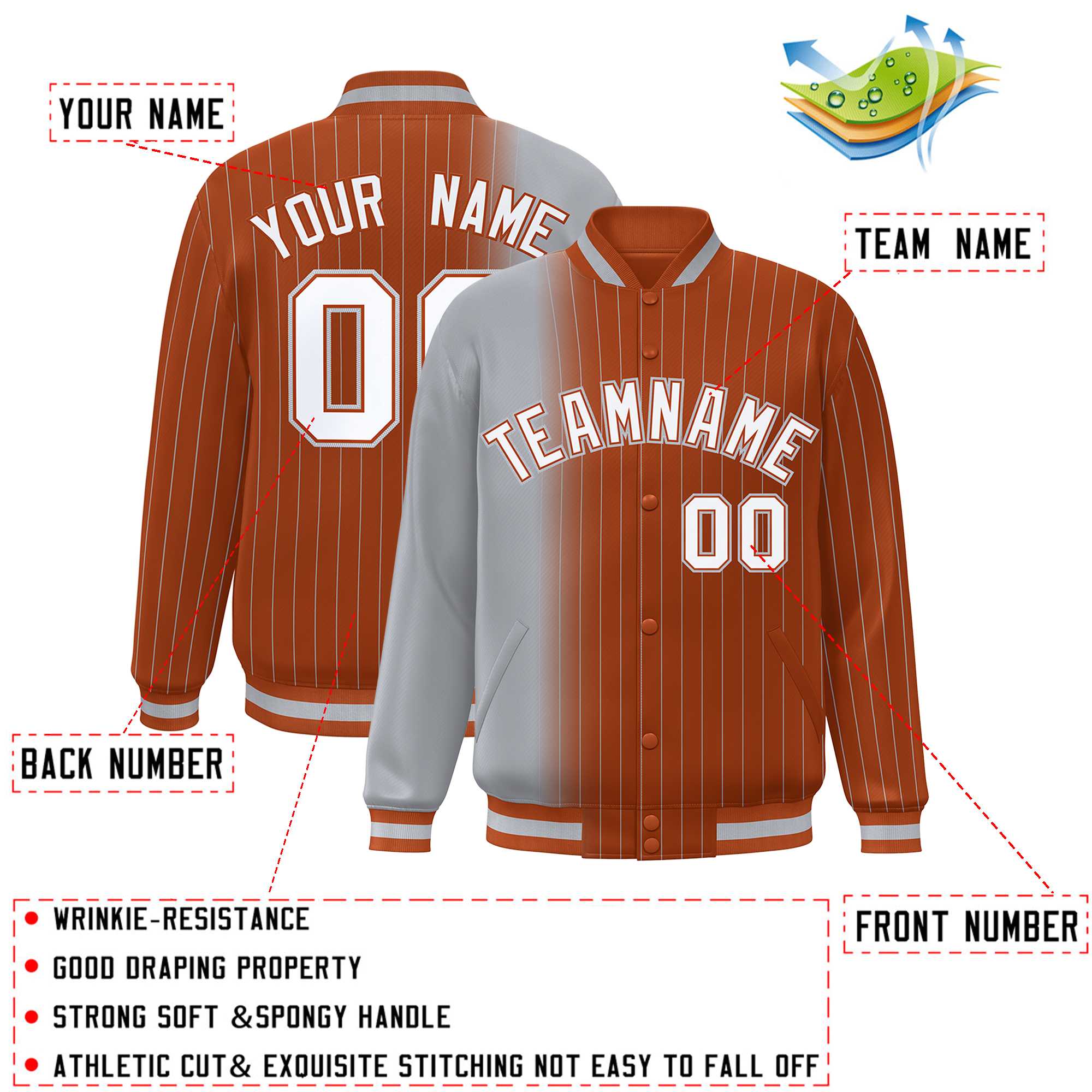 Custom Texas Orange Gray Gradient Varsity Full-Snap Pinstripe Letterman Baseball Jacket