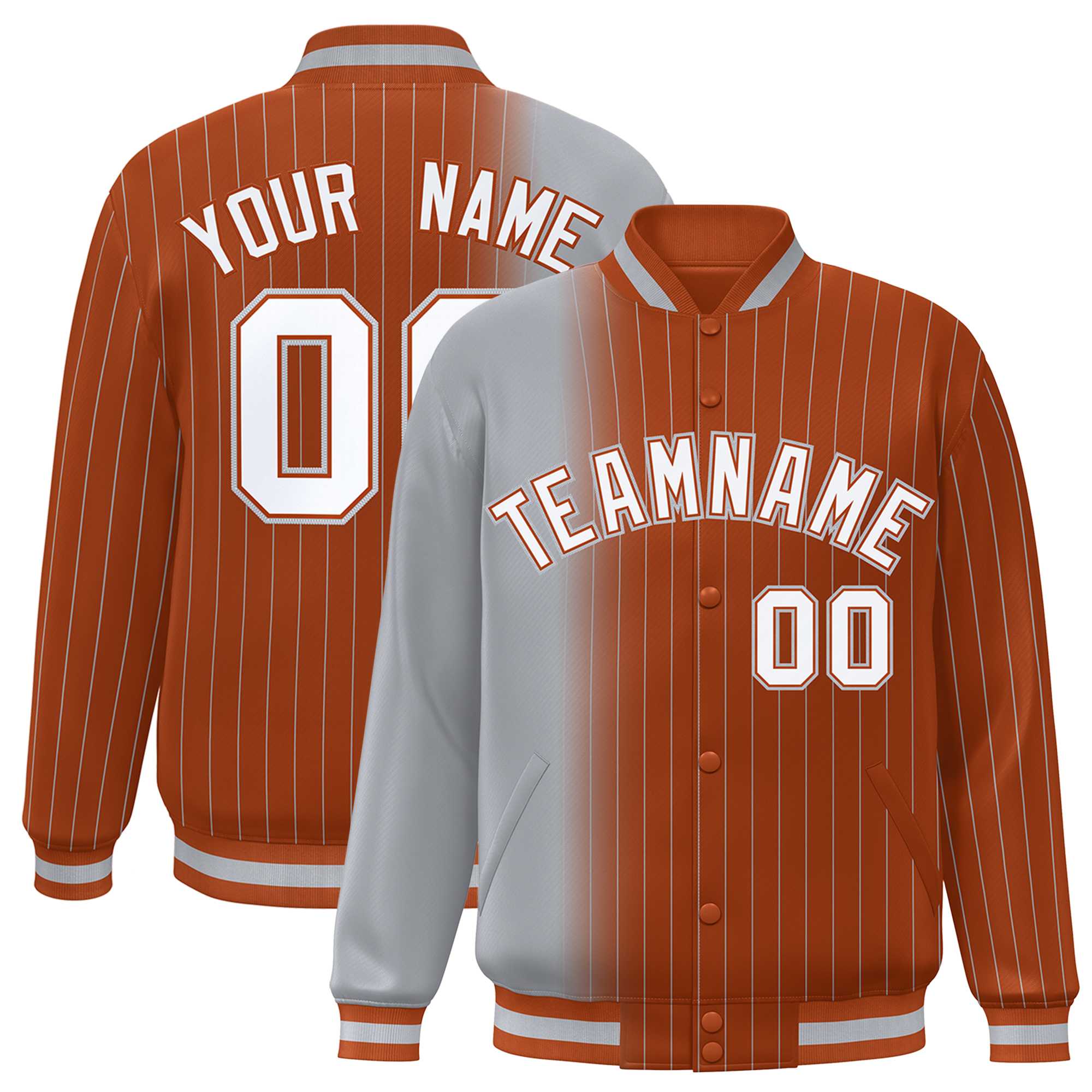 Custom Texas Orange Gray Gradient Varsity Full-Snap Pinstripe Letterman Baseball Jacket