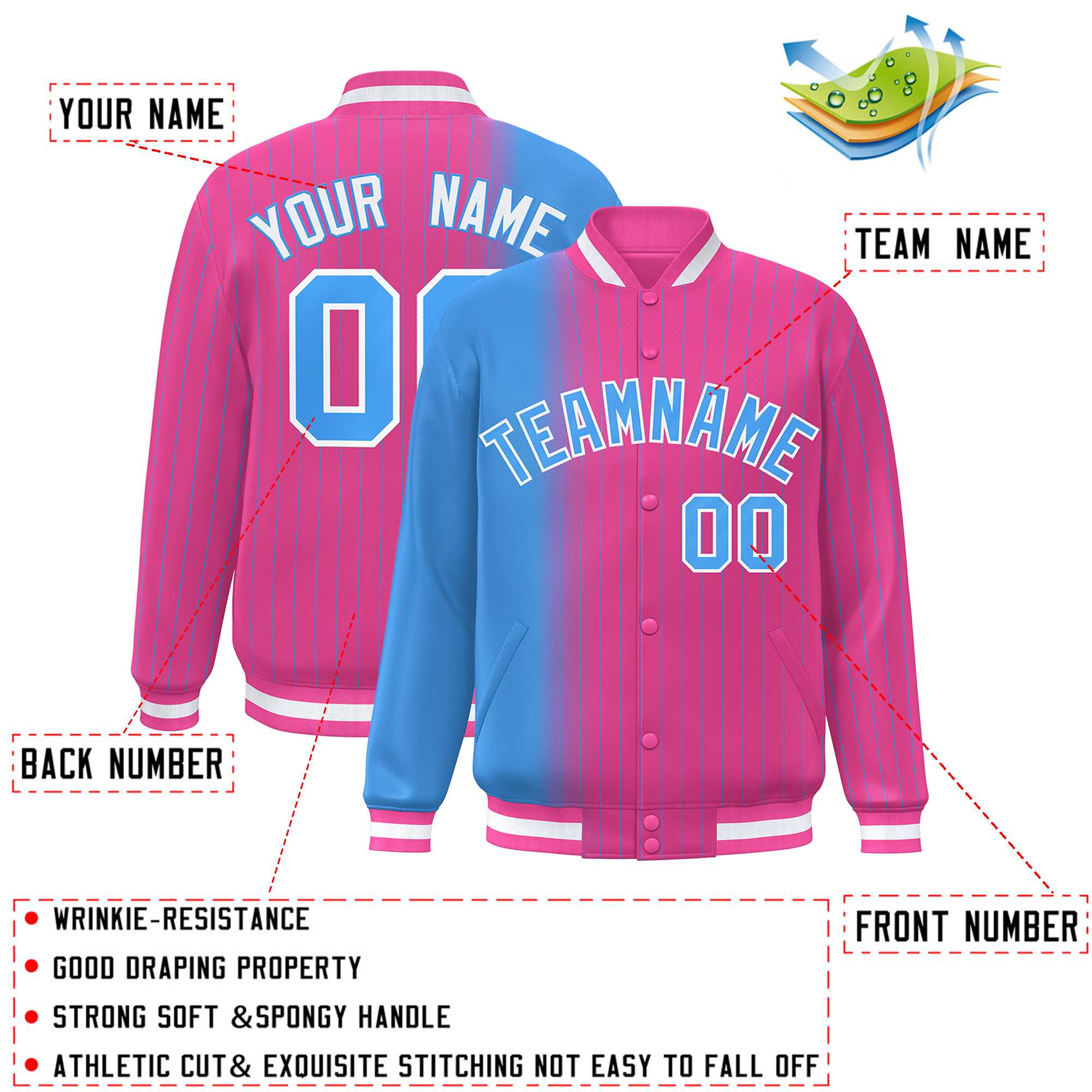 Custom Pink Powder Blue Gradient Varsity Full-Snap Pinstripe Letterman Baseball Jacket