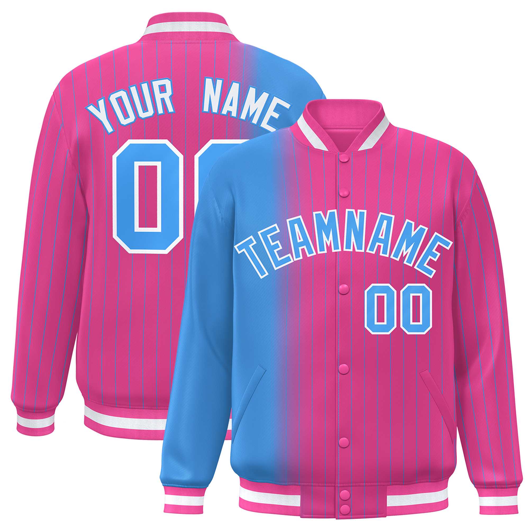 Custom Pink Powder Blue Gradient Varsity Full-Snap Pinstripe Letterman Baseball Jacket